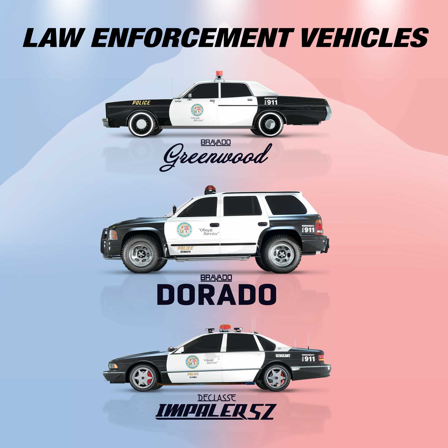 Three new law enforcement vehicles available from Warstock Cache & Carry: a  Bravado Greenwood Cruiser. Bravado Dorado Cruiser, and Declasse Impaler SZ Cruiser.