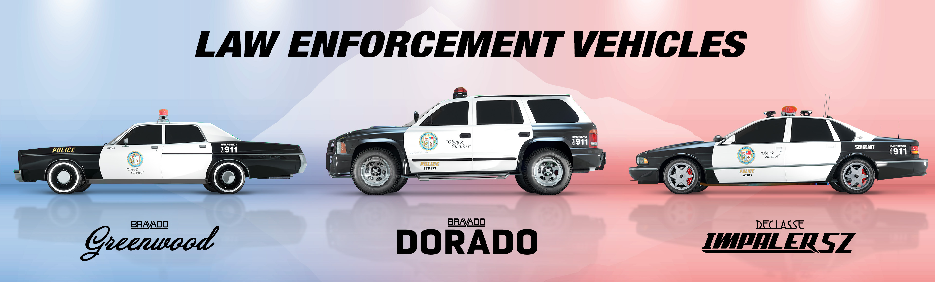 Three new law enforcement vehicles available from Warstock Cache & Carry: a  Bravado Greenwood Cruiser. Bravado Dorado Cruiser, and Declasse Impaler SZ Cruiser.