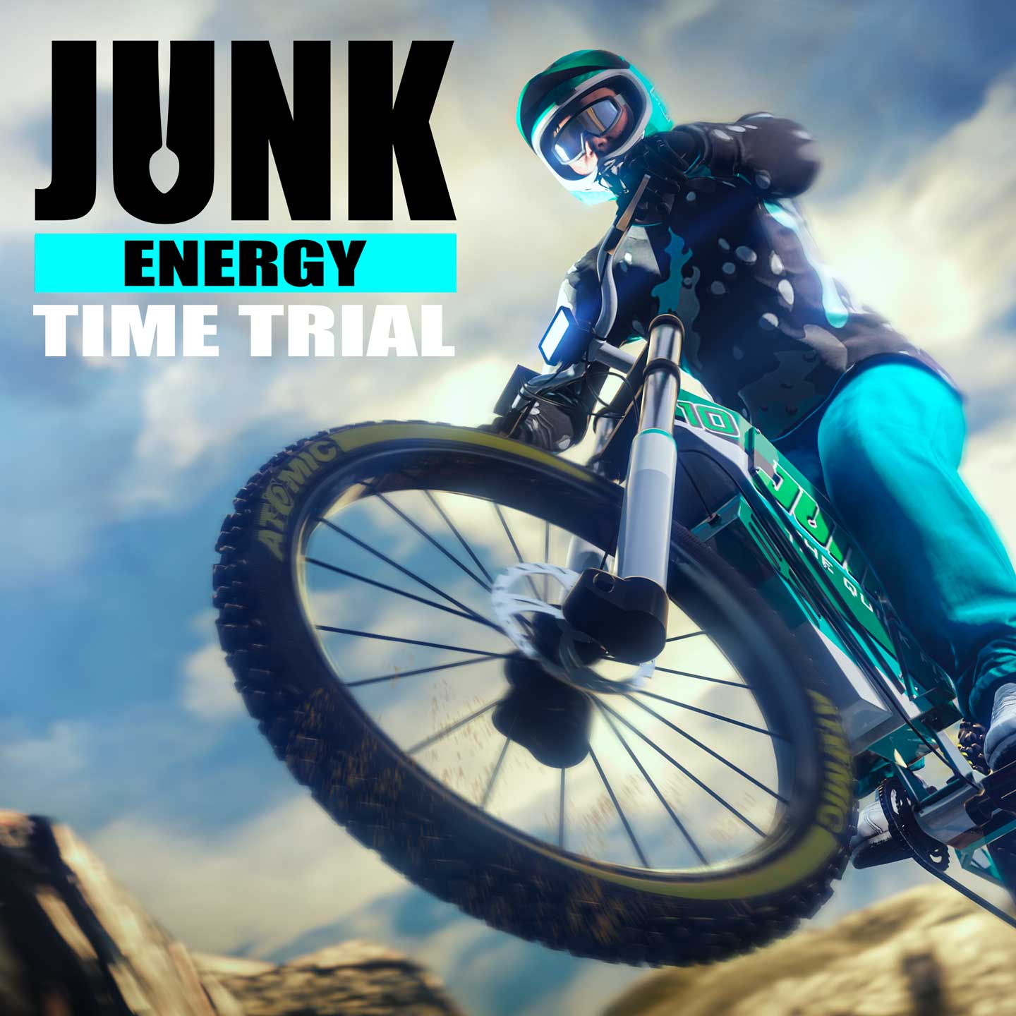 Junk Energy Time Trials event poster with a GTA Online character rider riding an off-road bicycle over rocks.