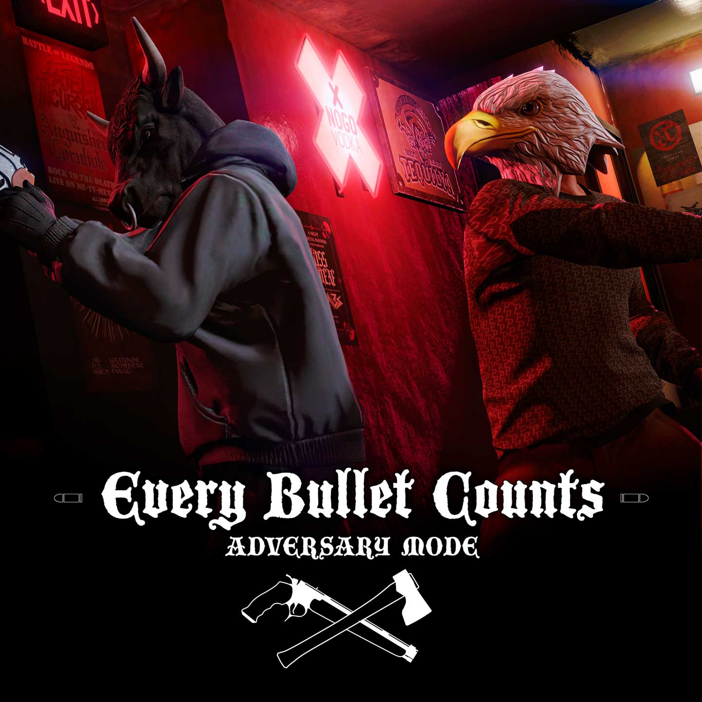Grand Theft Auto Online Every Bullet Counts Adversary Mode event poster. One character wears a Bull mask and wields a shotgun. The other wears a Bald Eagle mask and swings an axe.