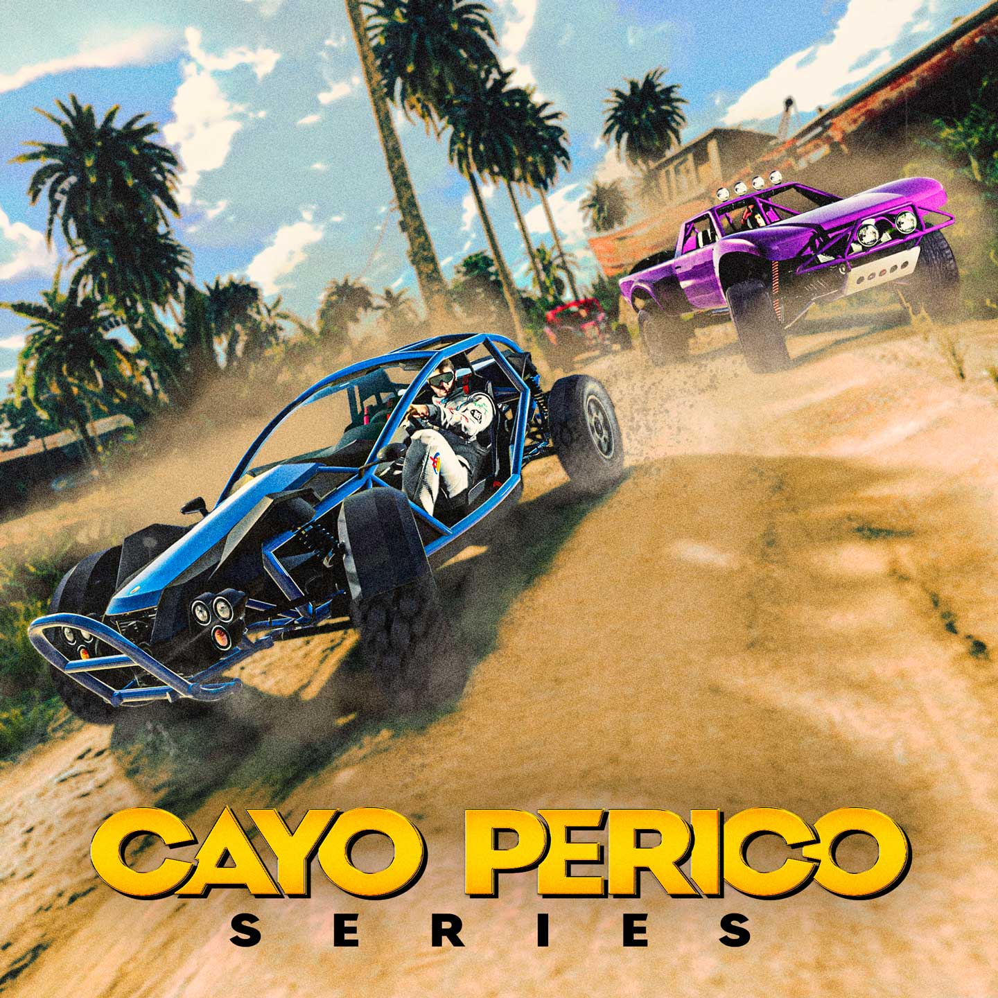 Cayo Perico Series event poster with three off-road vehicles speeding across a sandy shore near a shipwreck.