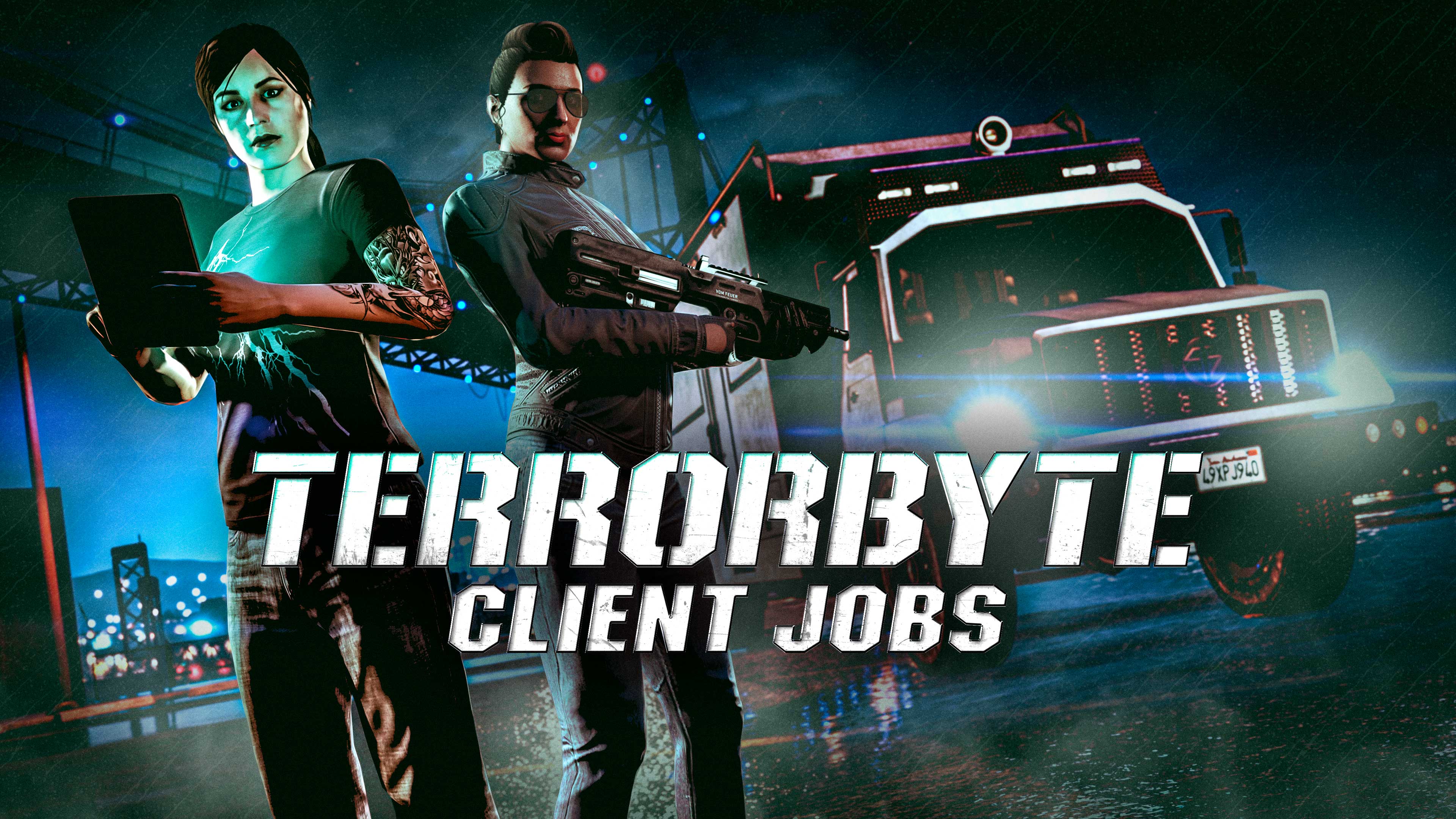 Terrorbyte Client Jobs event poster. Two GTA Online characters stand near a Benefactor Terrorbyte truck. One armed with an automatic rifle, the other holding a touchscreen tablet.