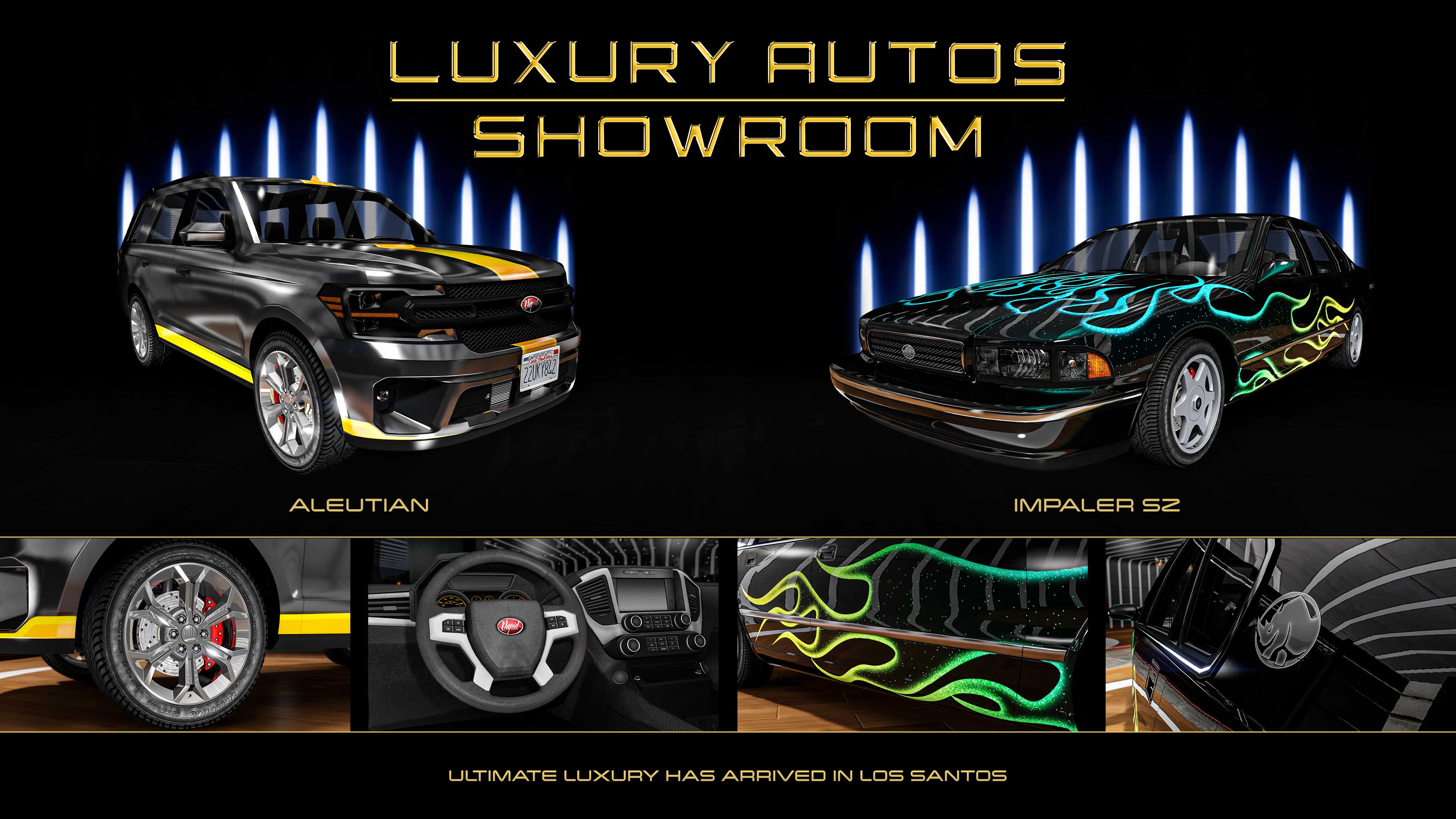 Poster for two Luxury Autos showroom cars. Left: A black five-door Vapid Aleutian with a yellow racing stripe. Right: A black five-door Declasse Impaler SZ with a flame outline livery colored gradient of blue to yellow.