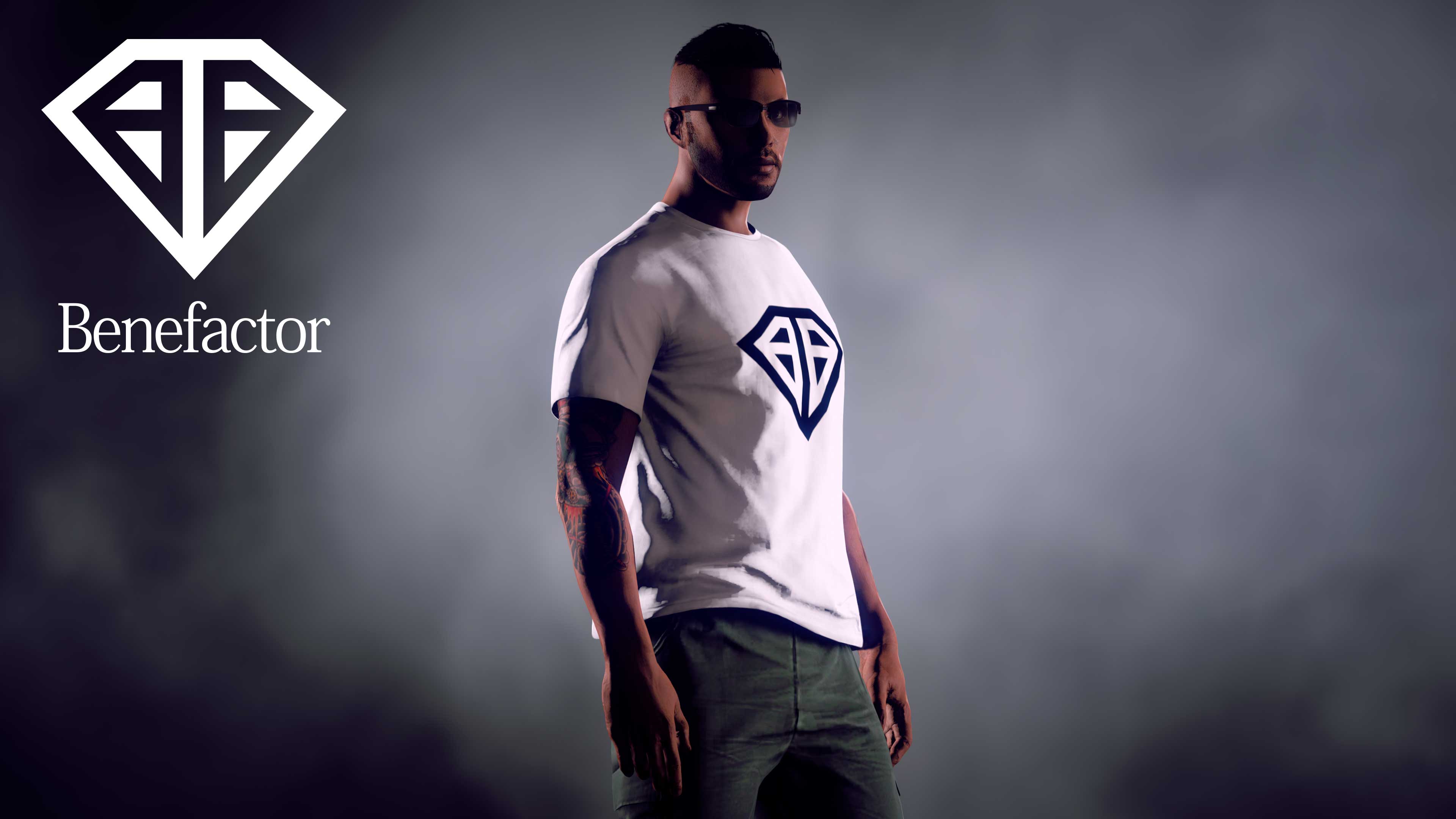 A GTA Online character wears a white Benefactor Tee with the black diamond-shaped logo.