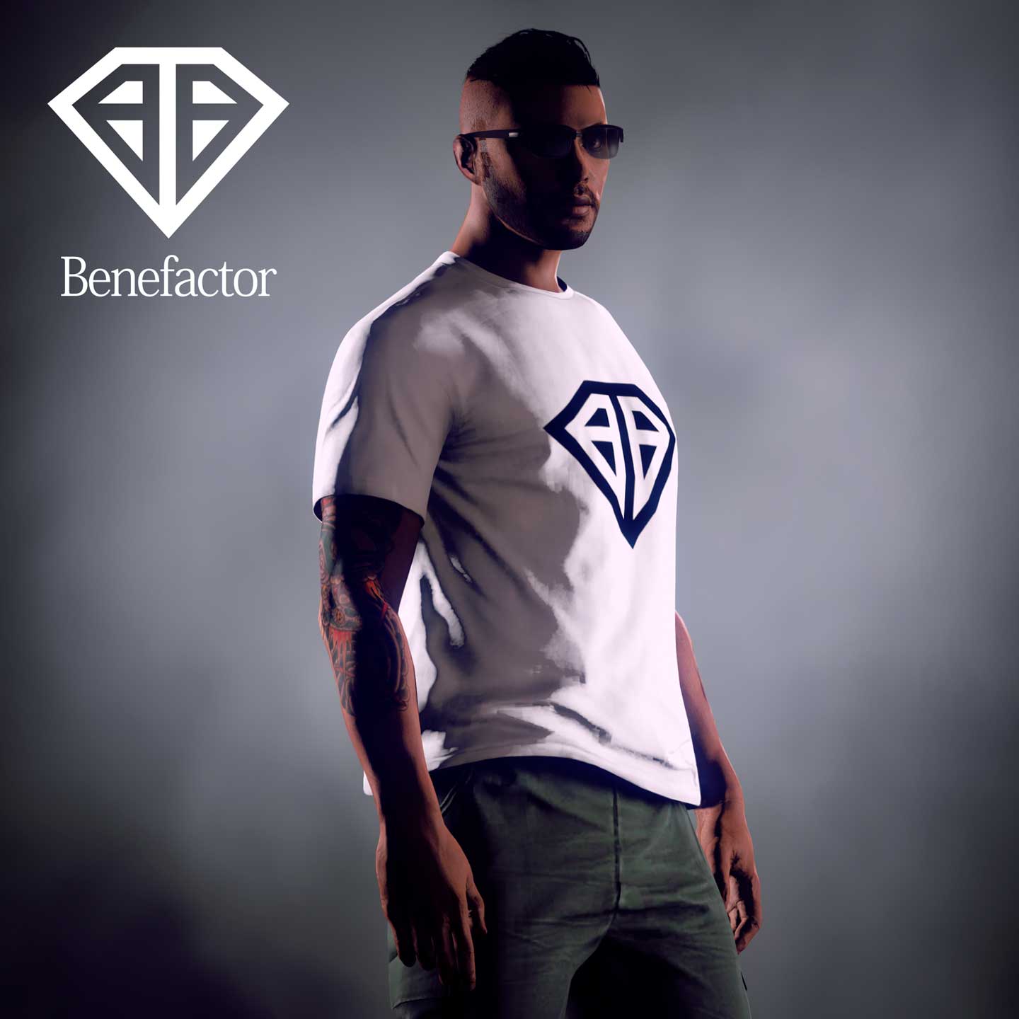 A GTA Online character wears a white Benefactor Tee with the black diamond-shaped logo.