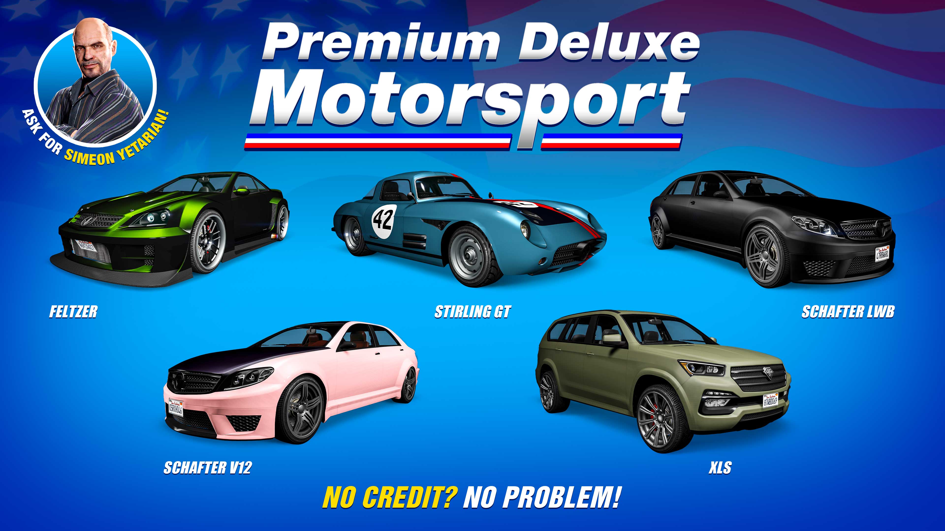 Premium Deluxe Motorsport poster for five vehicles: Benefactor Stirling GT, Benefactor Schafter V12, Benefactor XLS, Benefactor Schafter LWB, and Benefactor Feltzer.