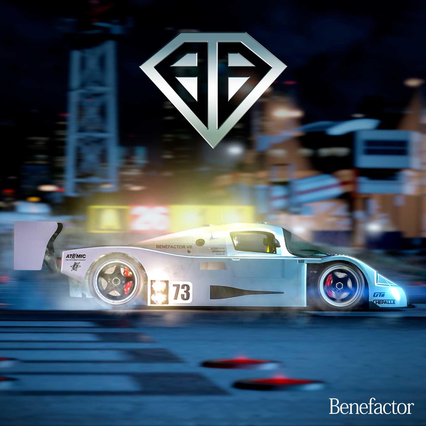 A grey Benefactor LM87 racing car speeds along a racetrack.