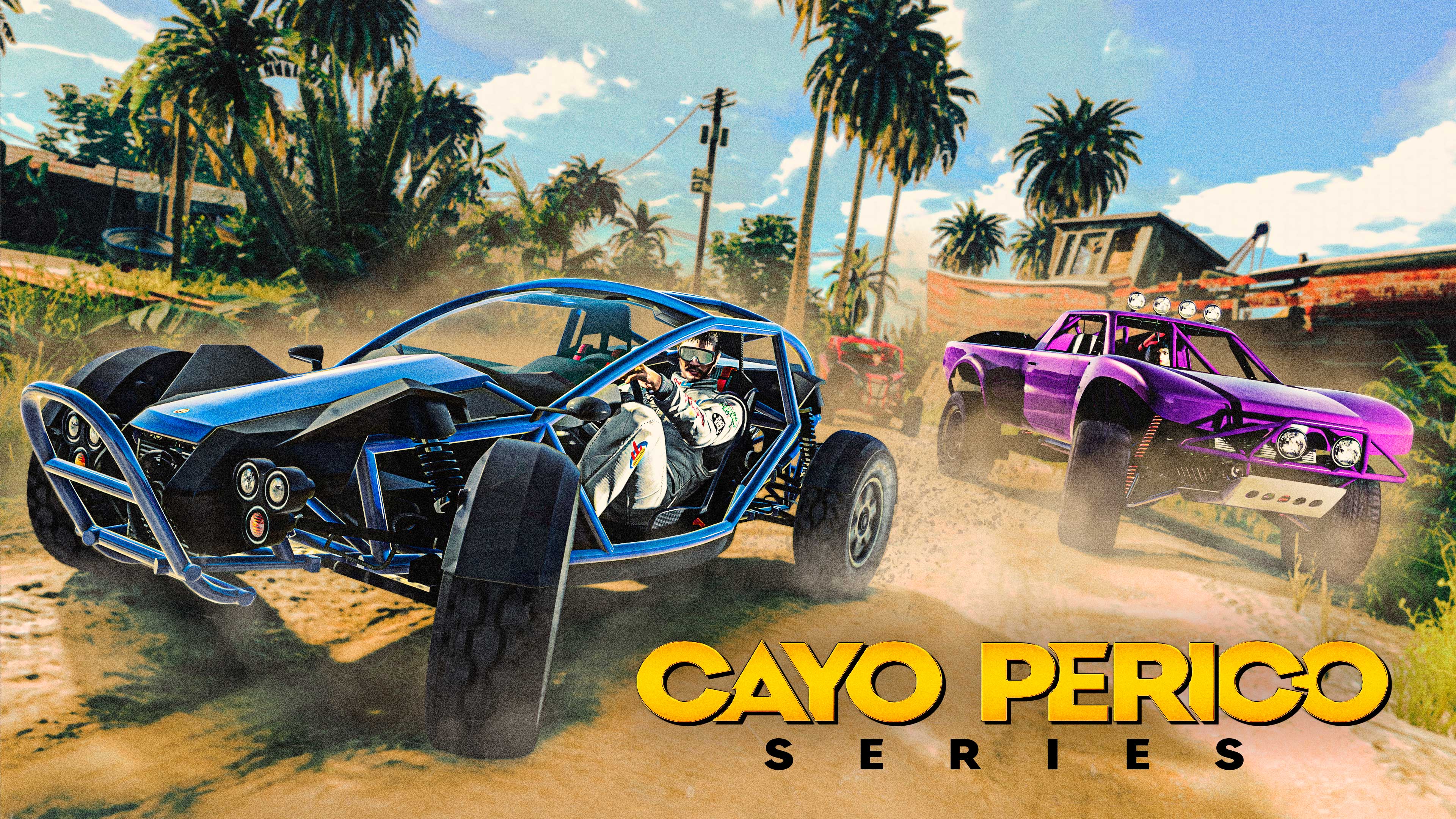 Cayo Perico Series event poster with three off-road vehicles speeding across a sandy shore near a shipwreck.