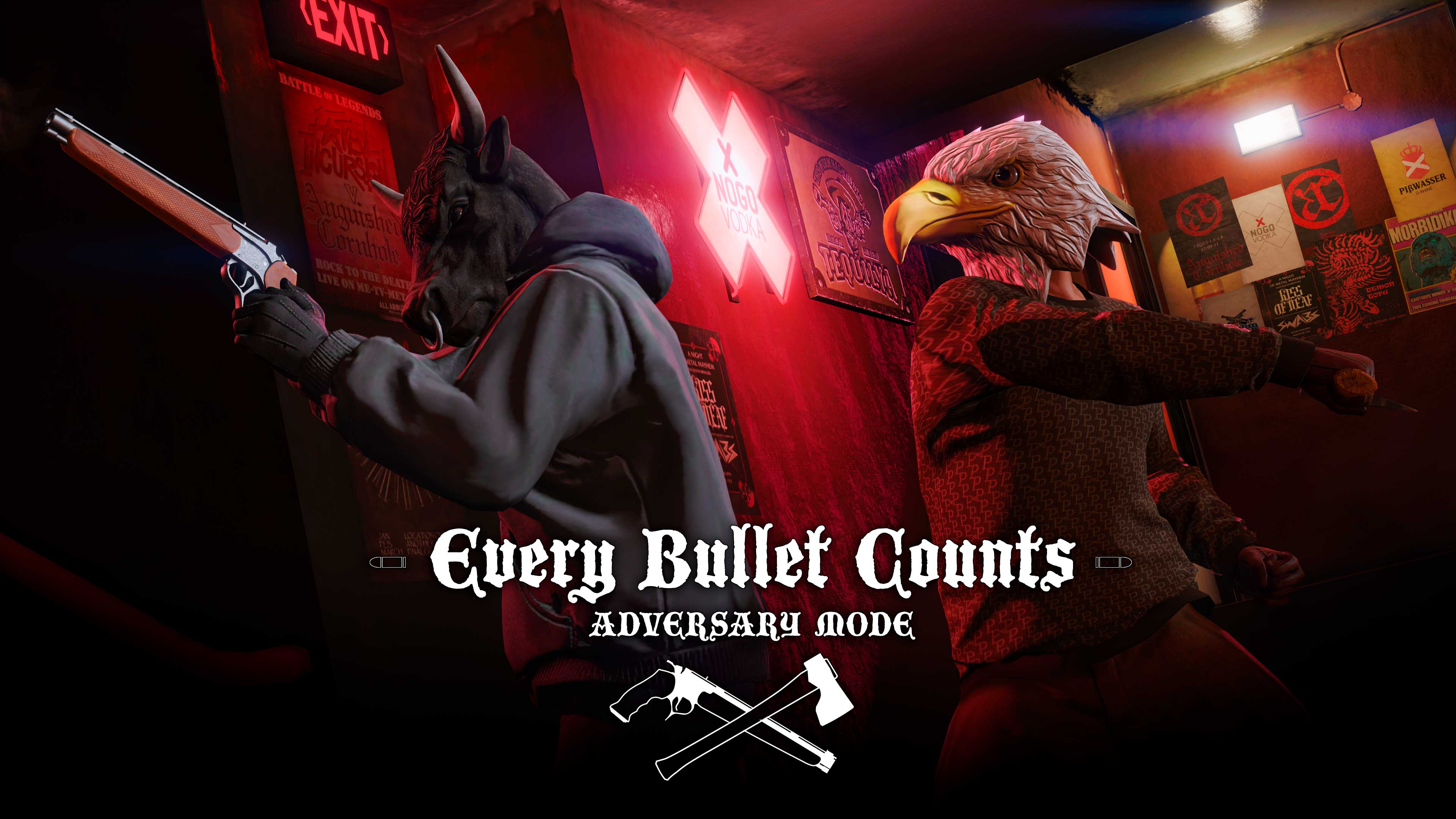 Grand Theft Auto Online Every Bullet Counts Adversary Mode event poster. One character wears a Bull mask and wields a shotgun. The other wears a Bald Eagle mask and swings an axe.