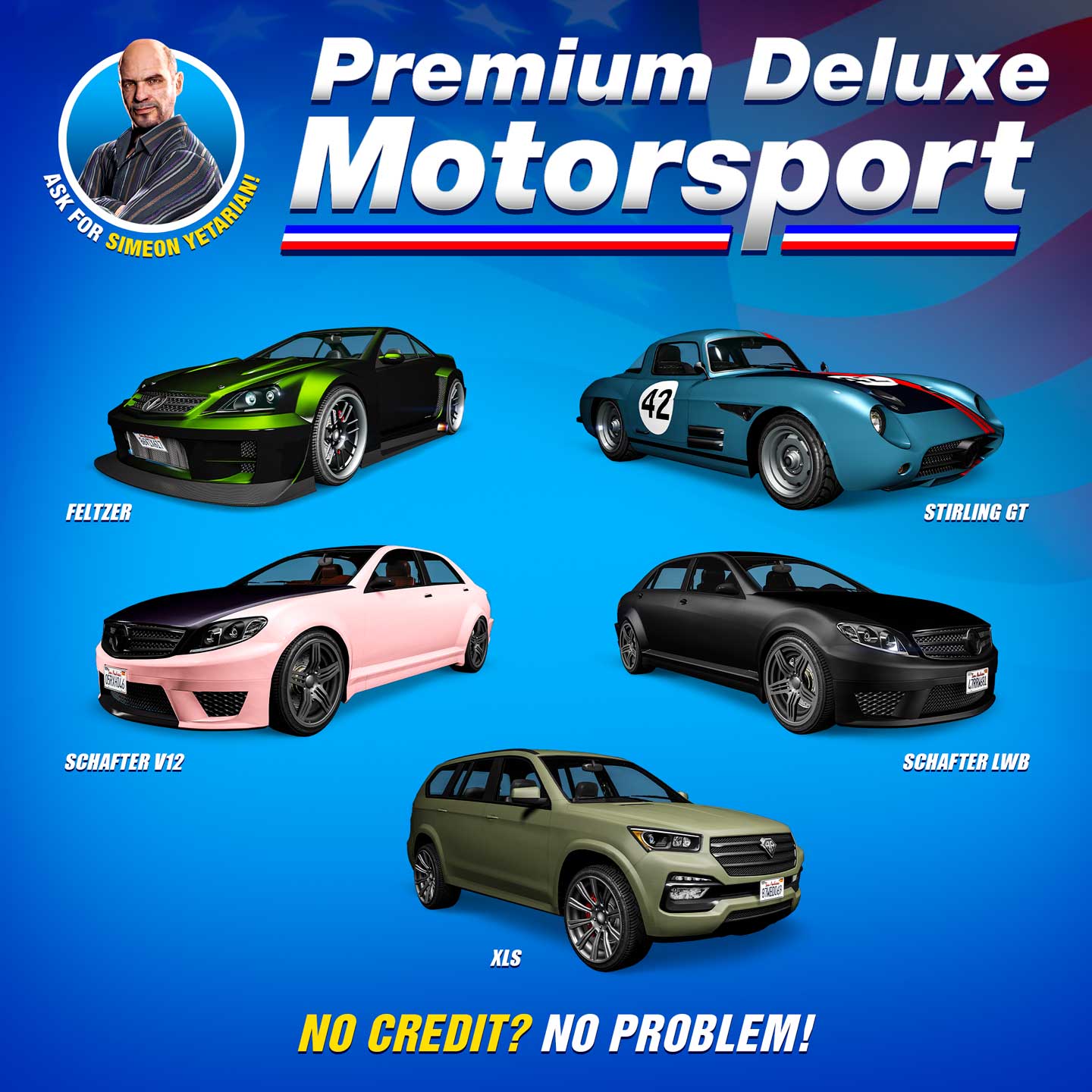 Premium Deluxe Motorsport poster for five vehicles: Benefactor Stirling GT, Benefactor Schafter V12, Benefactor XLS, Benefactor Schafter LWB, and Benefactor Feltzer.