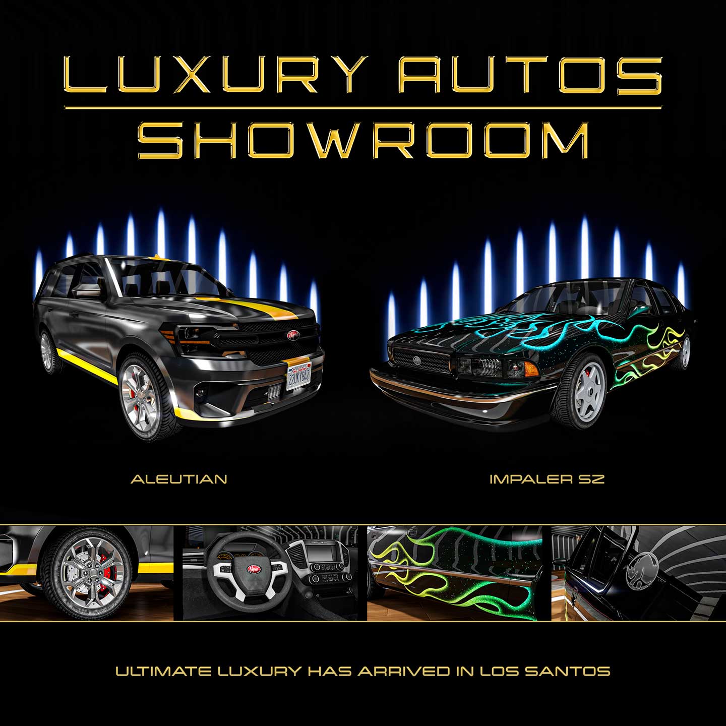Poster for two Luxury Autos showroom cars. Left: A black five-door Vapid Aleutian with a yellow racing stripe. Right: A black five-door Declasse Impaler SZ with a flame outline livery colored gradient of blue to yellow.