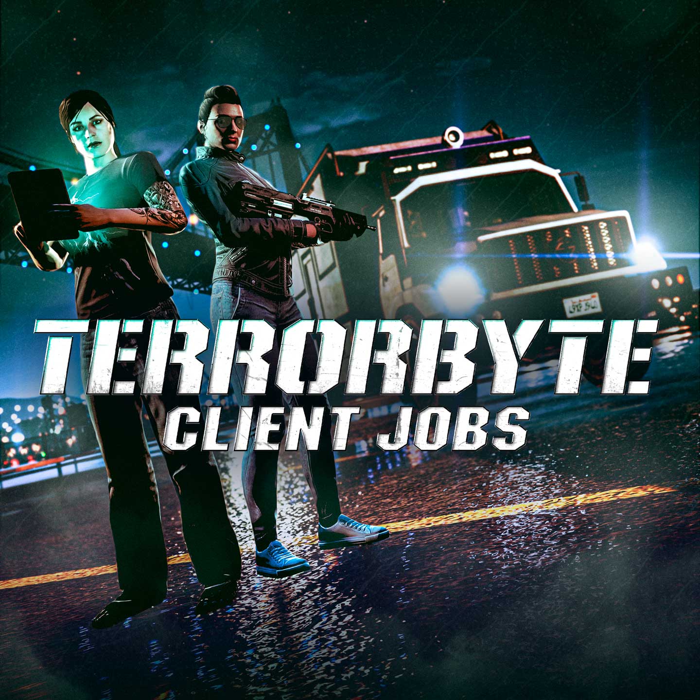 Terrorbyte Client Jobs event poster. Two GTA Online characters stand near a Benefactor Terrorbyte truck. One armed with an automatic rifle, the other holding a touchscreen tablet.