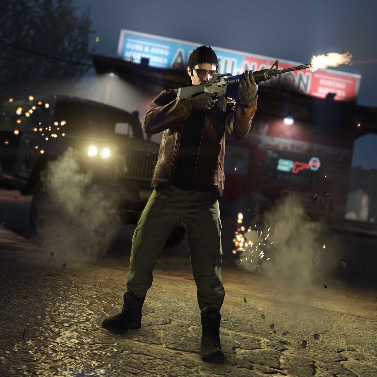 一名 GTA 在线模式角色在武装国度外的战斗中开火射击。