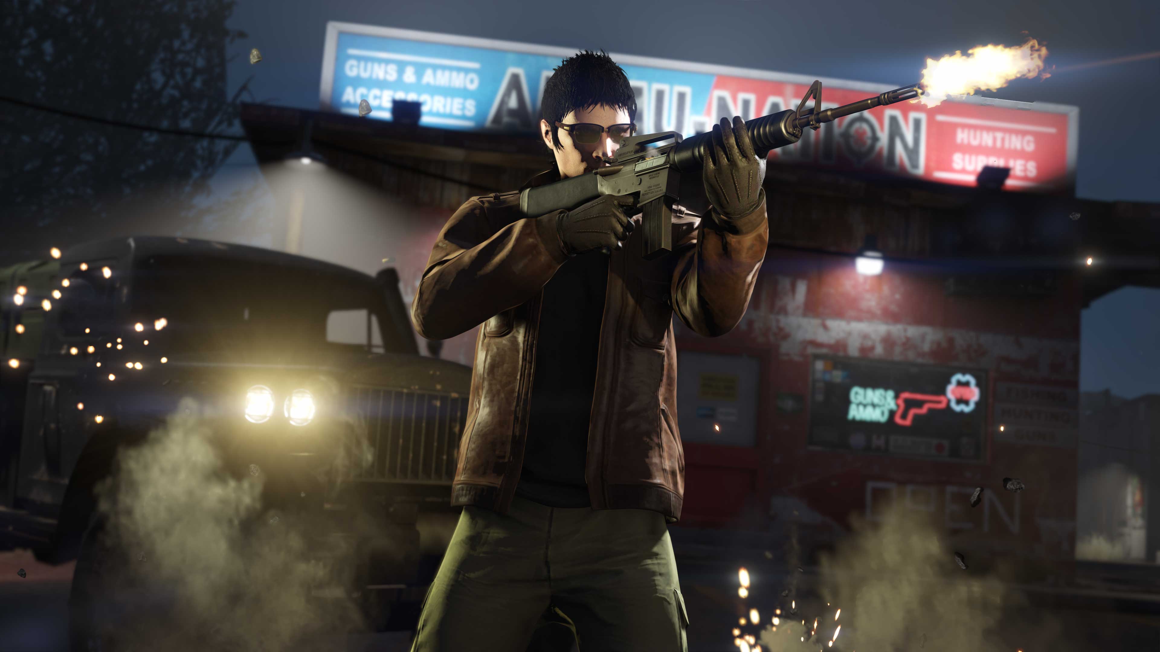 一名 GTA 在线模式角色在武装国度外的战斗中开火射击。