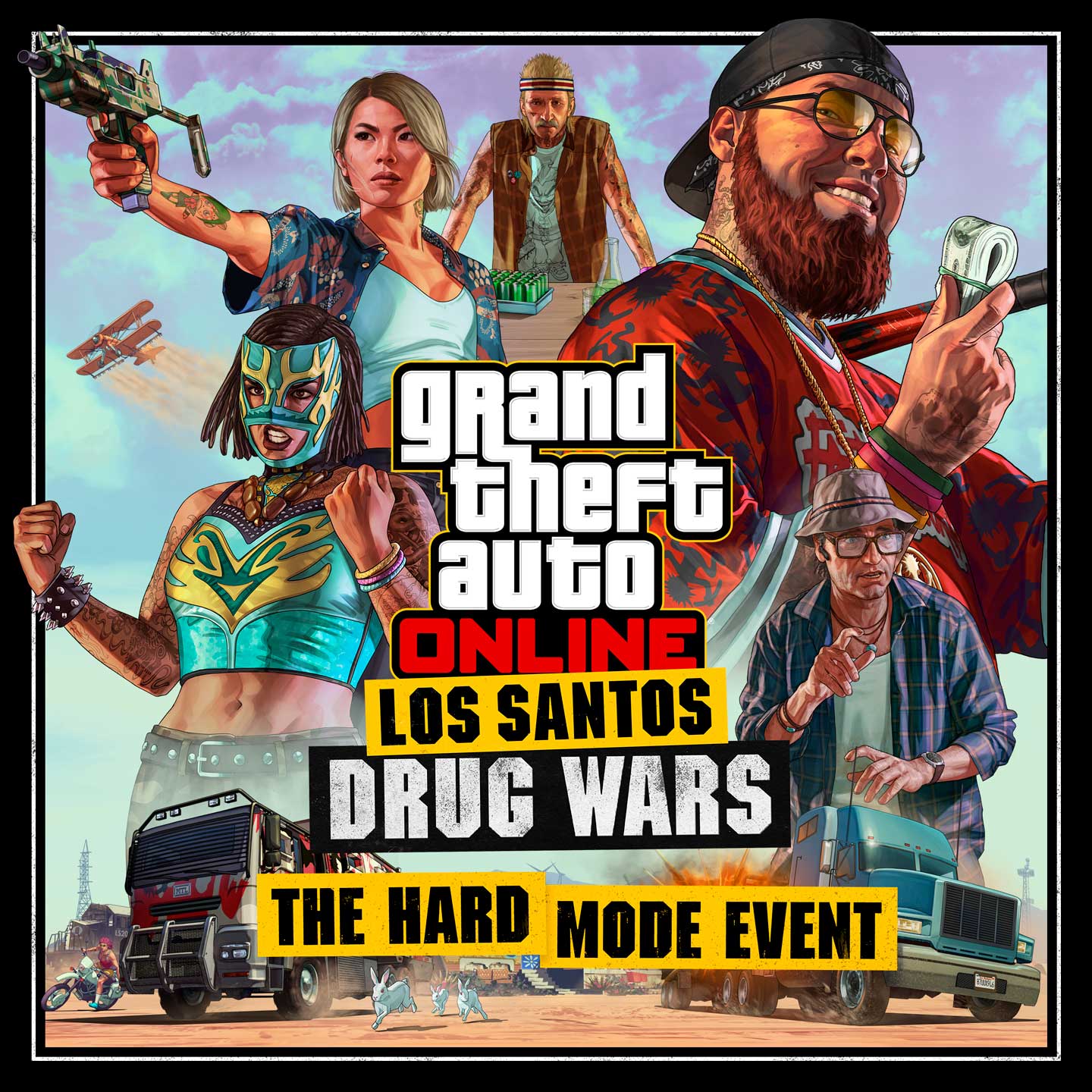 GTA 在线模式：洛圣都毒品战艺术作品，额外配有标题“困难模式活动”