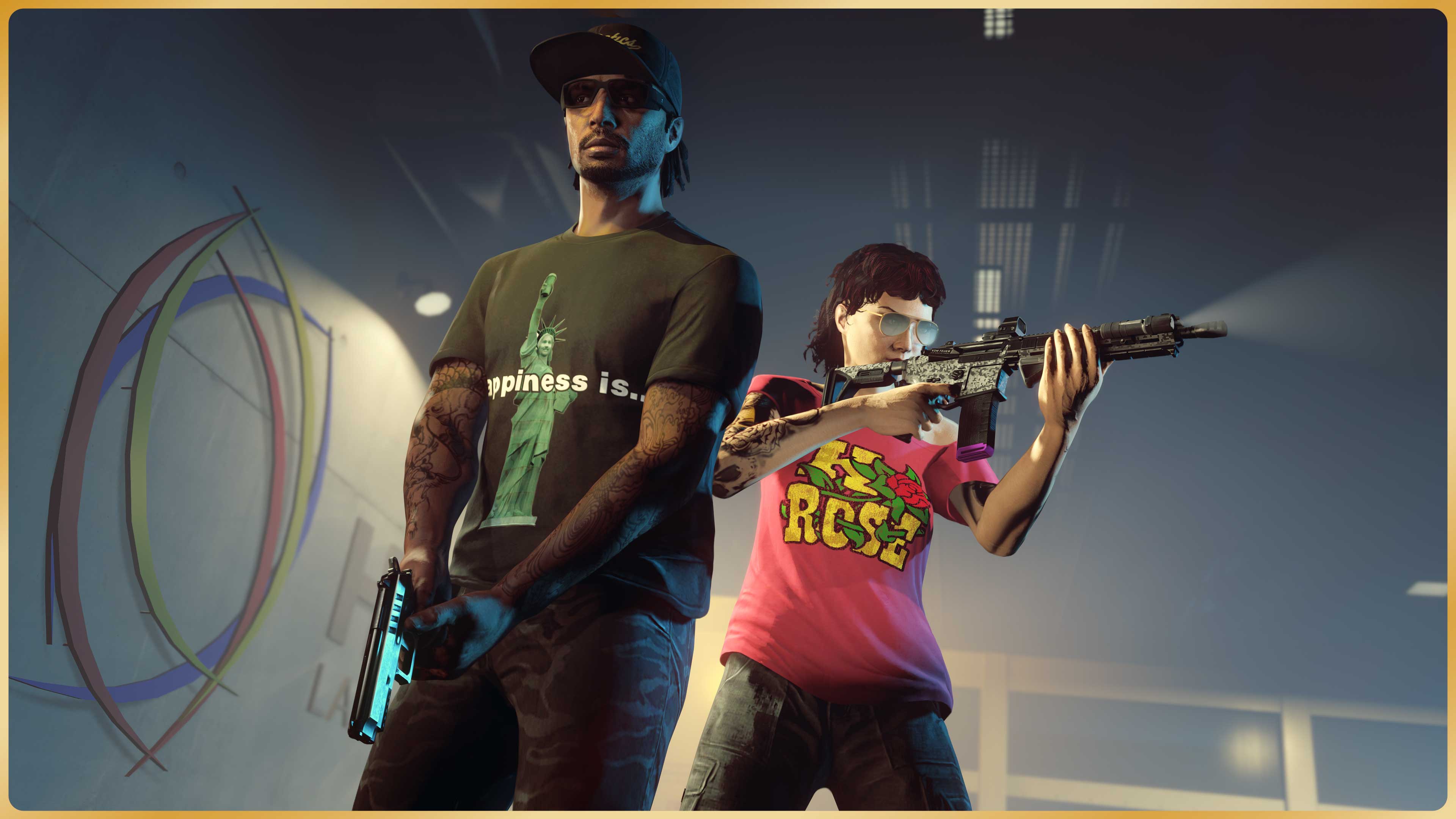 GTA 在线模式角色身穿 K 玫瑰和幸福女神 T 恤的图片