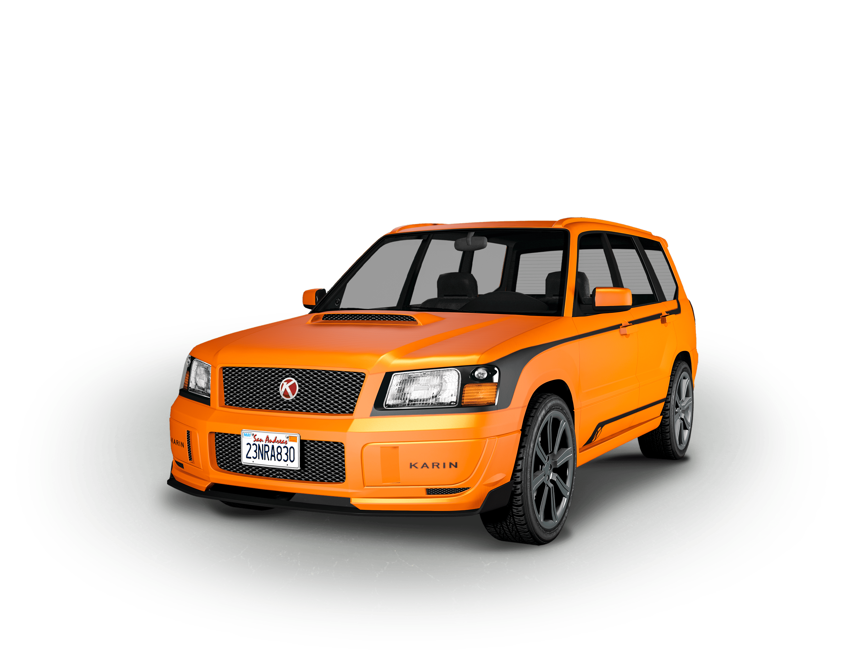 An orange five-door Karin Woodlander SUV with black detailing and a scoop on the hood.