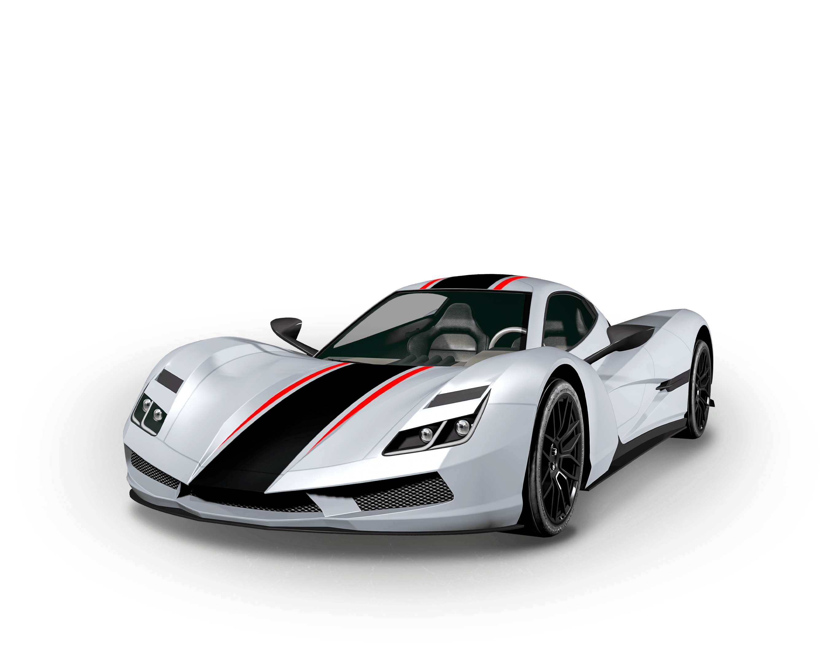 A white two-door Överflöd Suzume supercar with a black racing stripe with red stripes on either side.