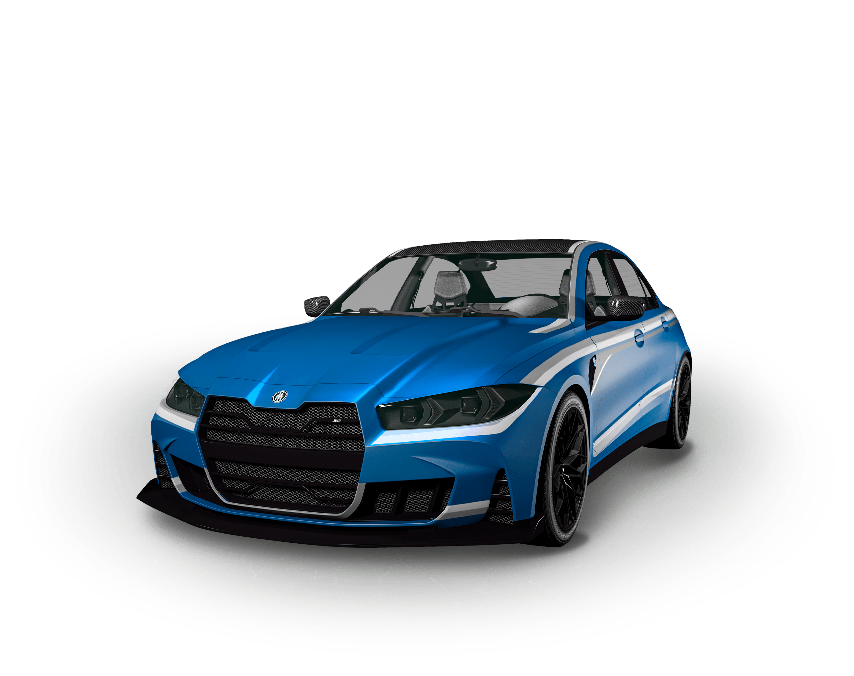 A blue five-door Übermacht Sentinel GTS car with grey and white horizontal stripes.