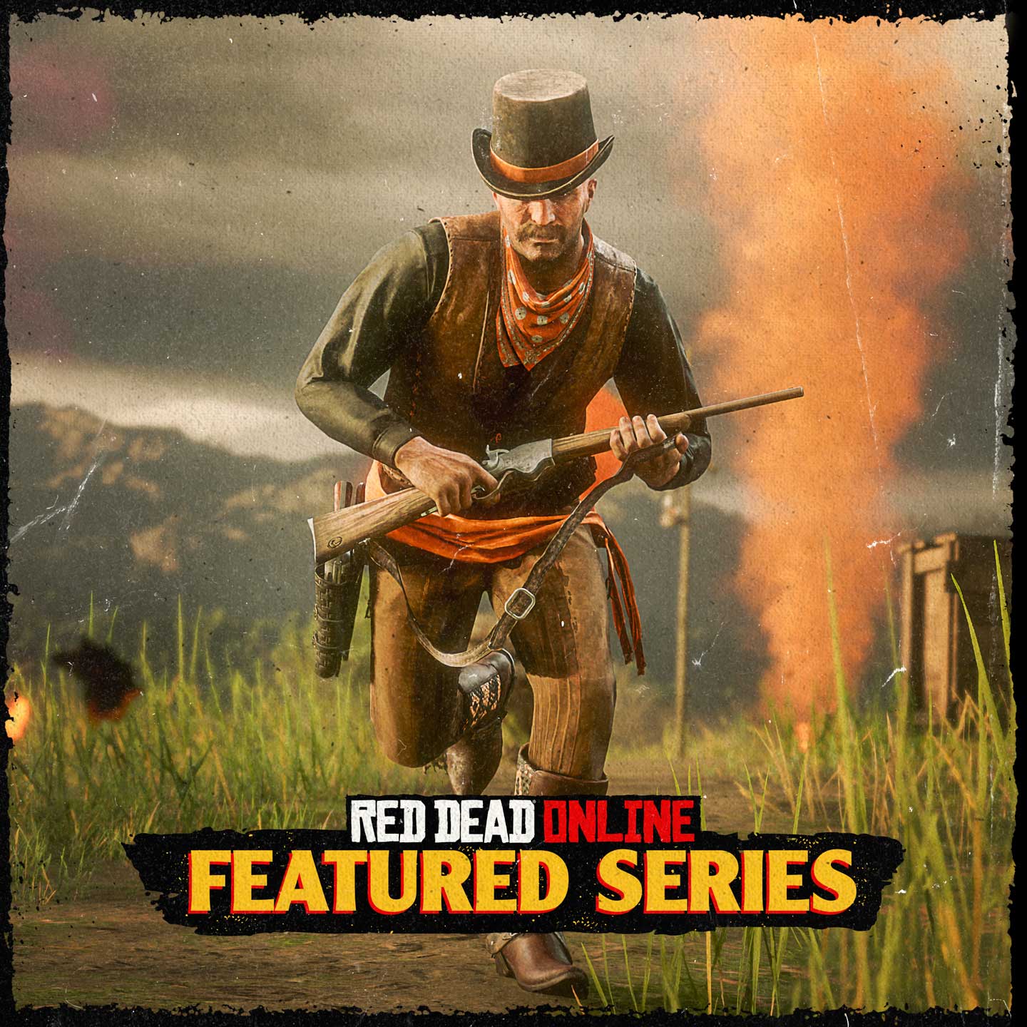Red Dead 在线模式精选系列赛的海报，画有一名武装角色跑过一片着火的田地。
