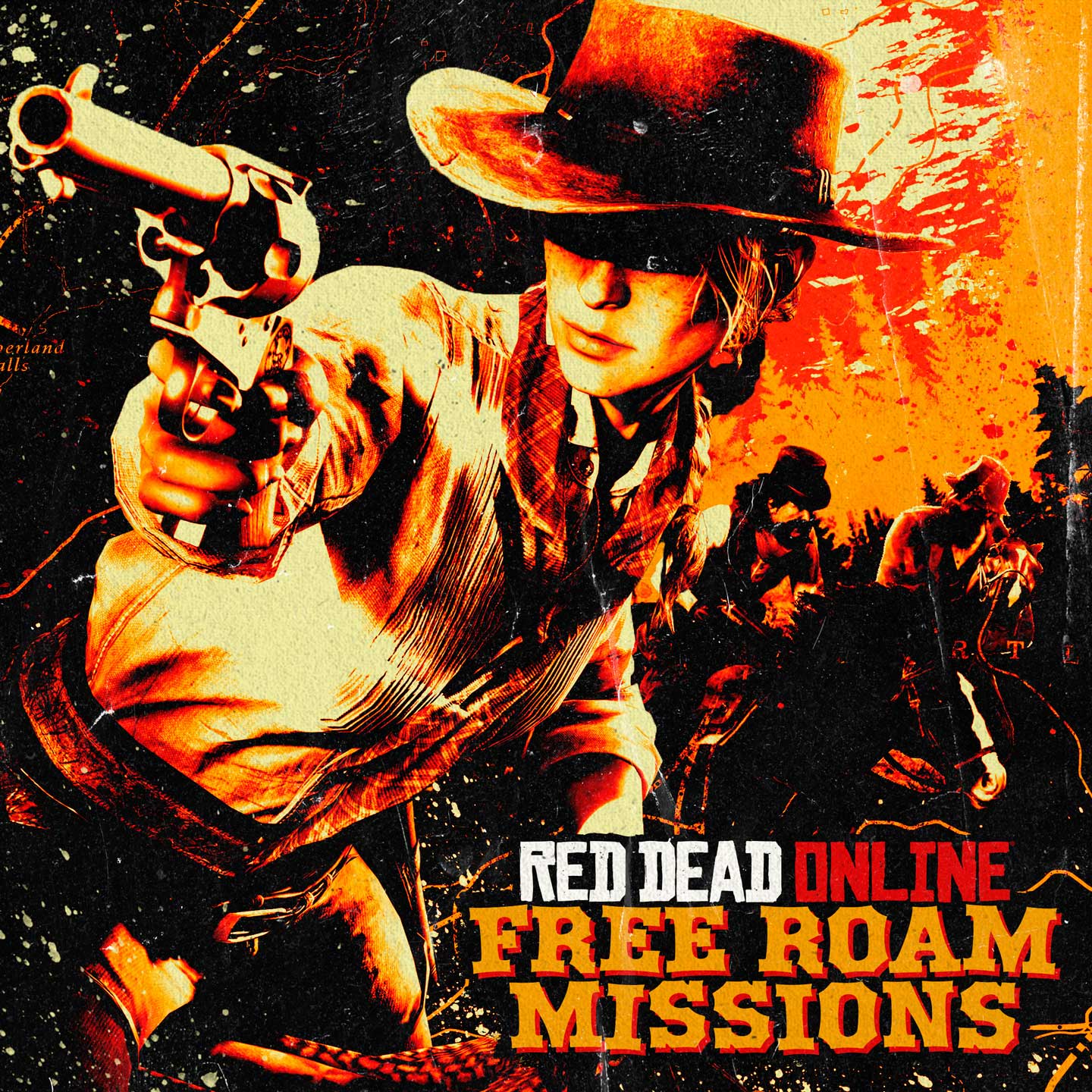 Red Dead 在线模式自由模式任务活动的海报，绘有一名角色目光对准一把左轮手枪的瞄具。
