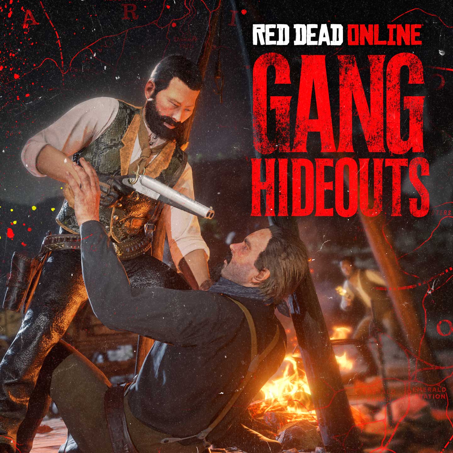 Red Dead 在线模式帮派藏身处海报。一名站立角色拿着一把削短型霰弹枪揪着另一名在地上的角色，而其他亡命之徒正在看着。