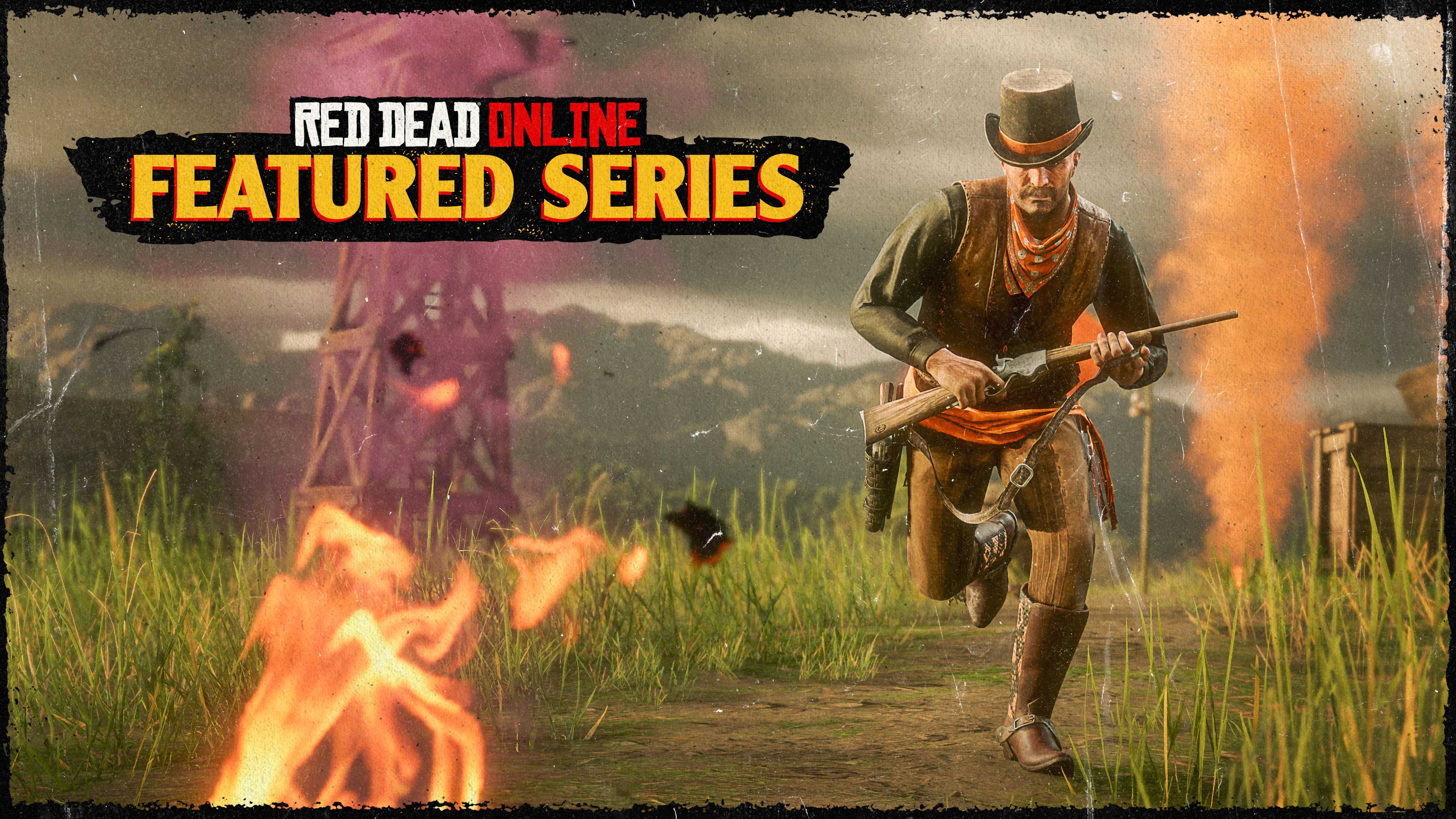 Red Dead 在线模式精选系列赛的海报，画有一名武装角色跑过一片着火的田地。