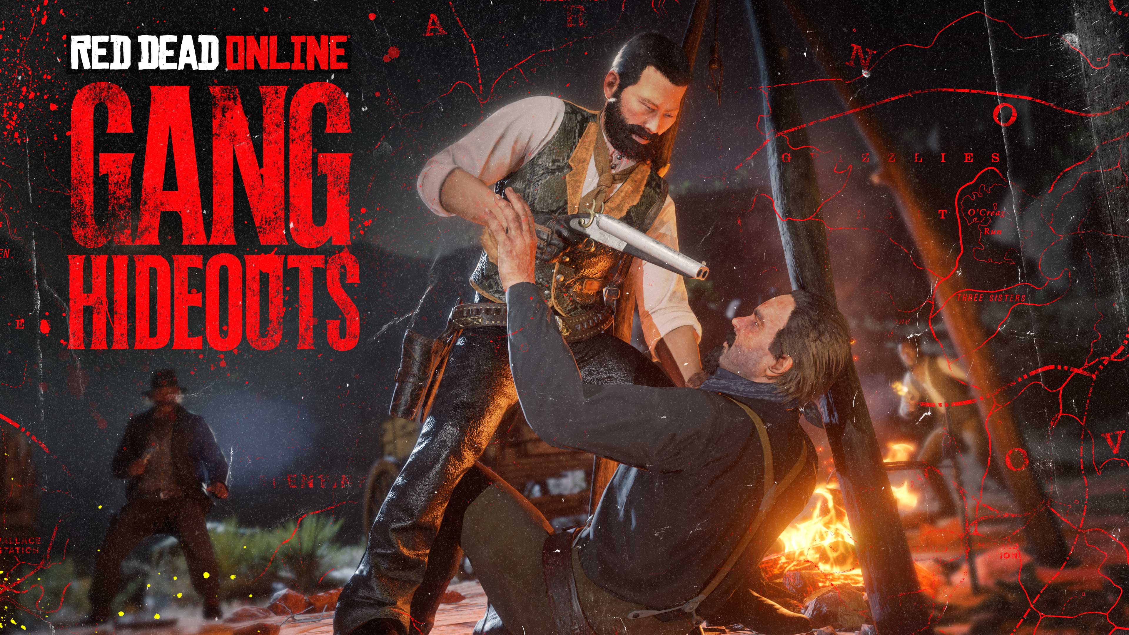 Red Dead 在线模式帮派藏身处海报。一名站立角色拿着一把削短型霰弹枪揪着另一名在地上的角色，而其他亡命之徒正在看着。