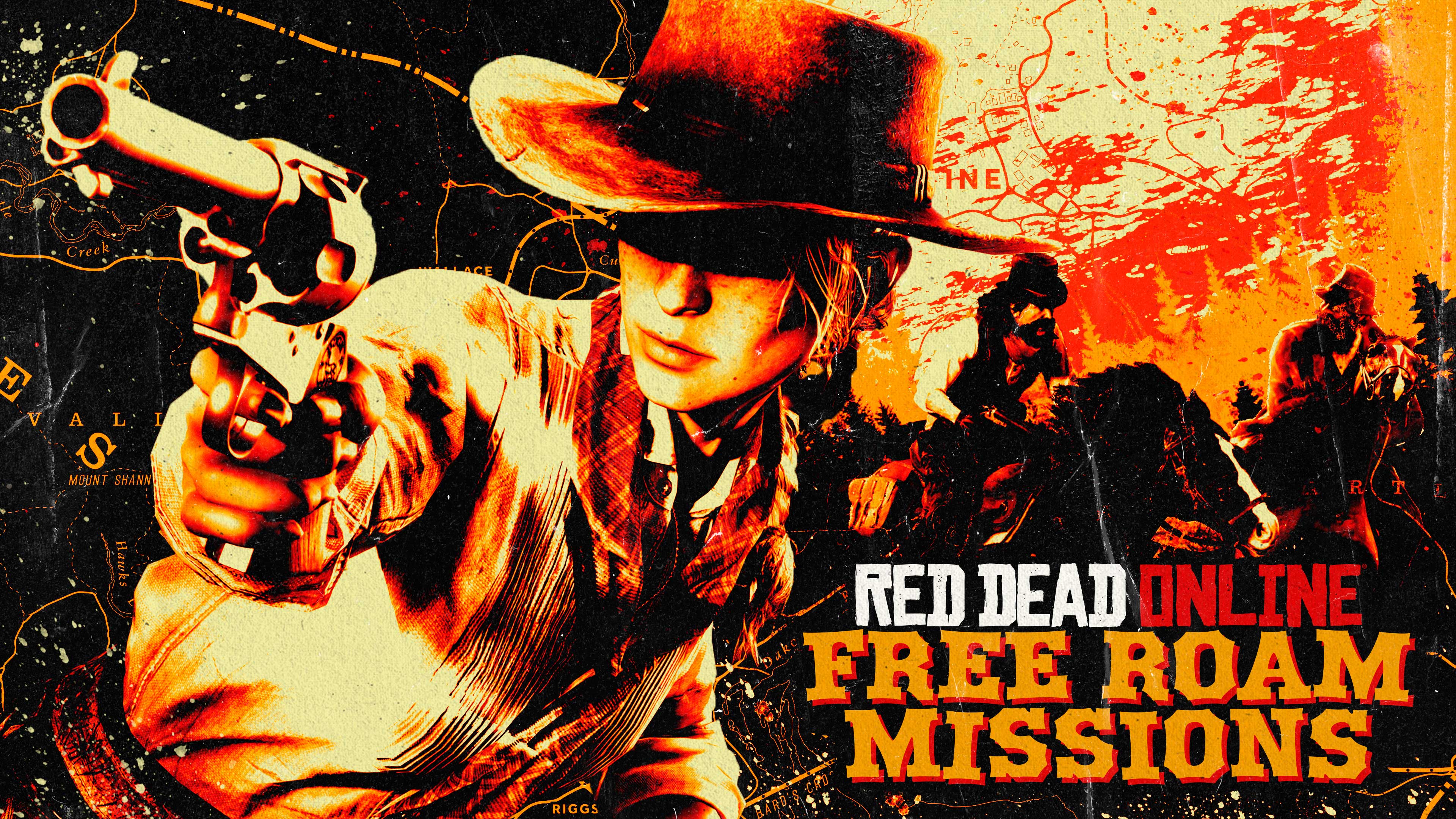 Red Dead 在线模式自由模式任务活动的海报，绘有一名角色目光对准一把左轮手枪的瞄具。