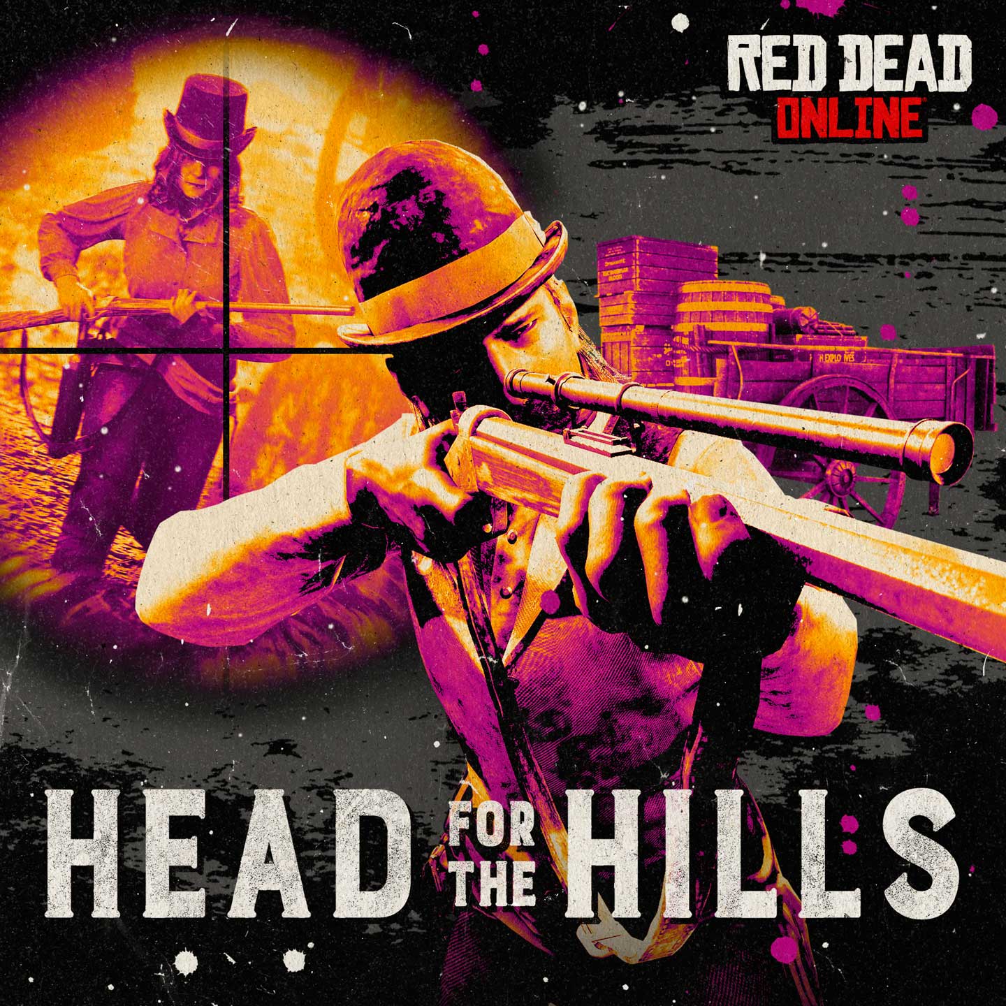 Red Dead 在线模式落荒而逃海报组图，画有一名角色用一把带瞄准镜的步枪对准图外，背后是透过瞄准镜被瞄准的一名武装角色。