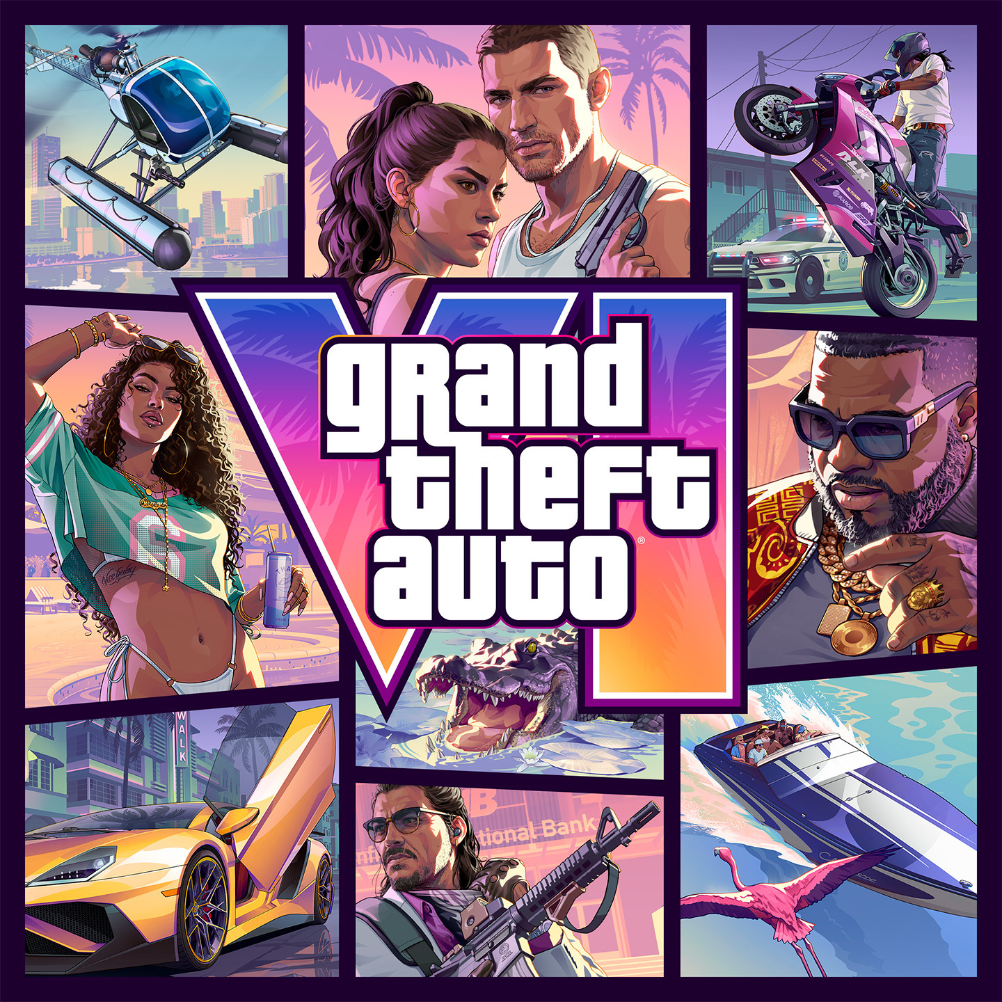 Grand Theft Auto 6官方封面图：图片中央是Grand Theft Auto 6徽标，四周是各个角色和场景，包括在空中的直升机、杰森和露西娅、一名骑在摩托车上的角色、波比·艾克、飞过快艇的火烈鸟、水中的鳄鱼、拉乌尔·巴蒂斯塔、一辆带鸥翼门的黄色载具和一名待在池边一手持饮品一手调整眼镜的女子。