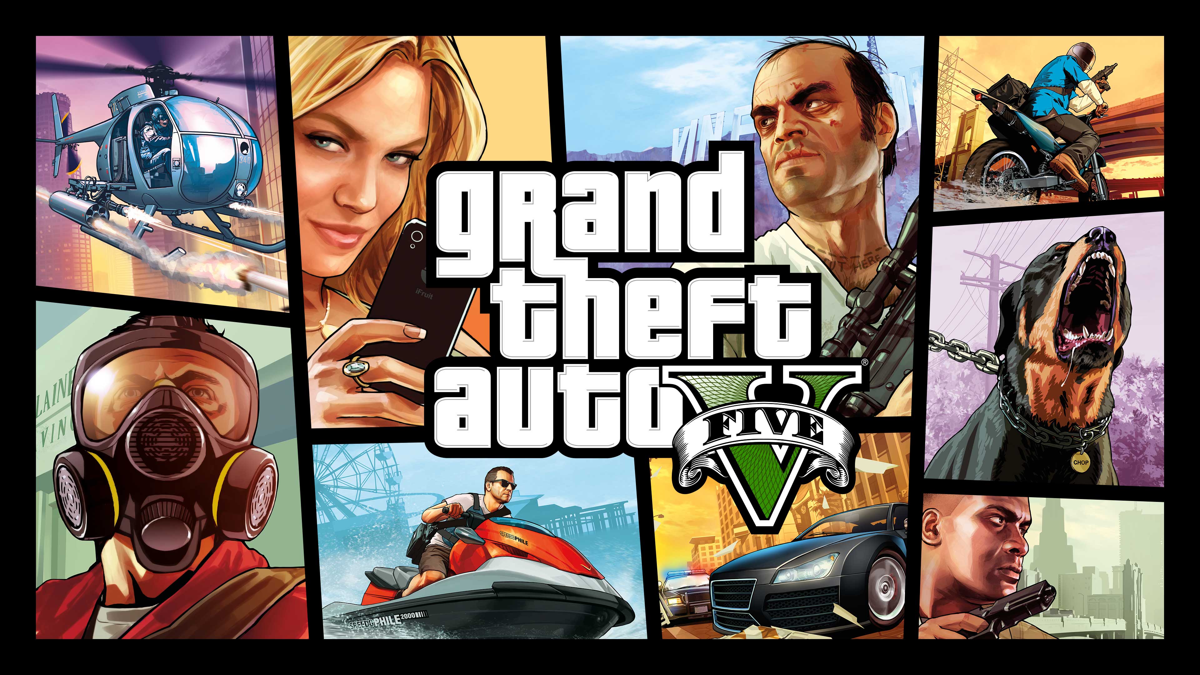 Grand Theft Auto 5徽标下方是GTA5艺术作品，由多个图案组成，展示不同的角色和场景。