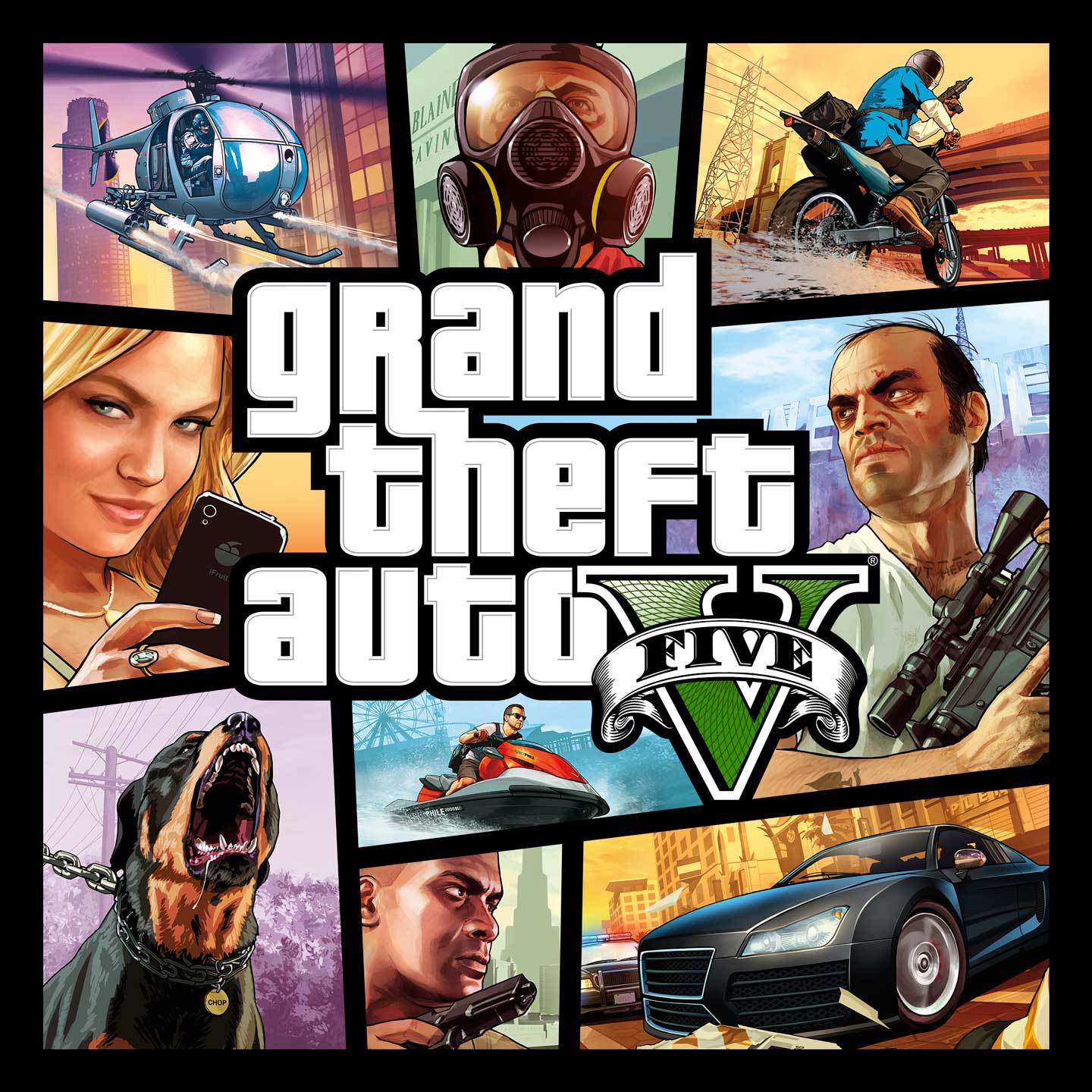 Grand Theft Auto 5徽标下方是GTA5艺术作品，由多个图案组成，展示不同的角色和场景。