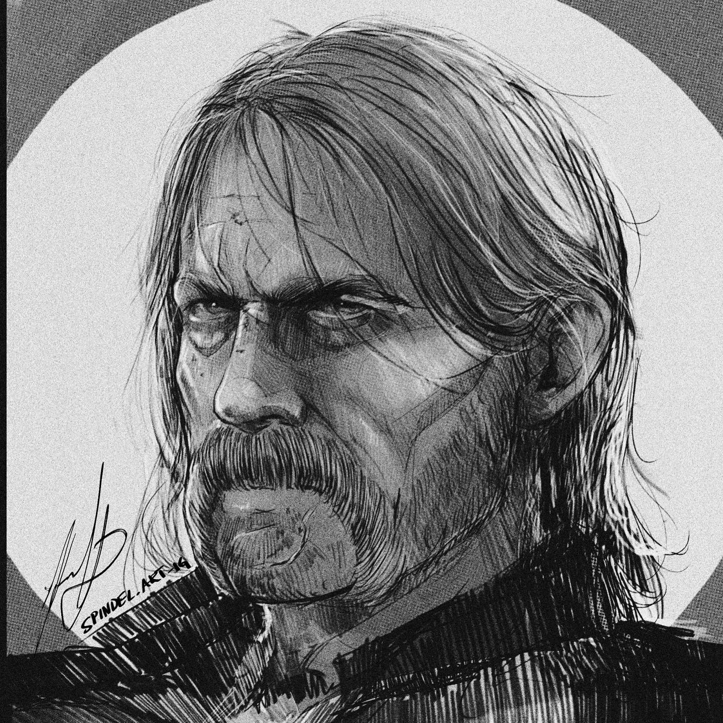 Red Dead Redemption 2 中的迈卡·贝尔的黑白速写