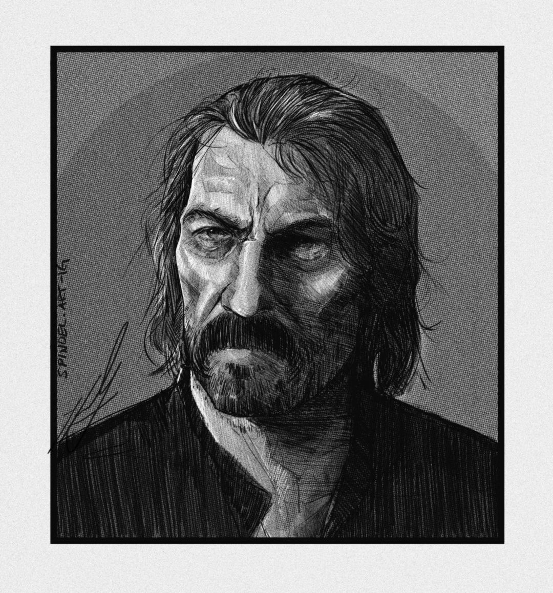 Red Dead Redemption 2 中的达奇·范德林德的黑白速写