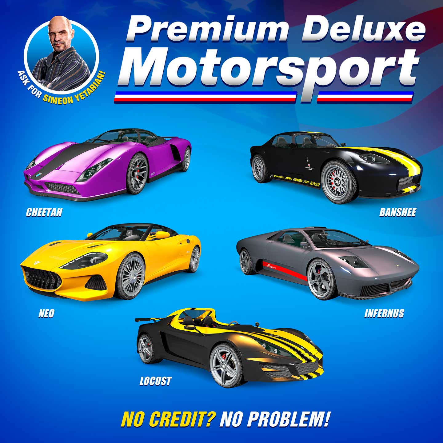 顶级豪华车业展厅的海报，海报展示维沙尼欧、佩嘉西炼狱魔、古罗帝猎豹、冒险家女妖和欧斯洛蝗虫