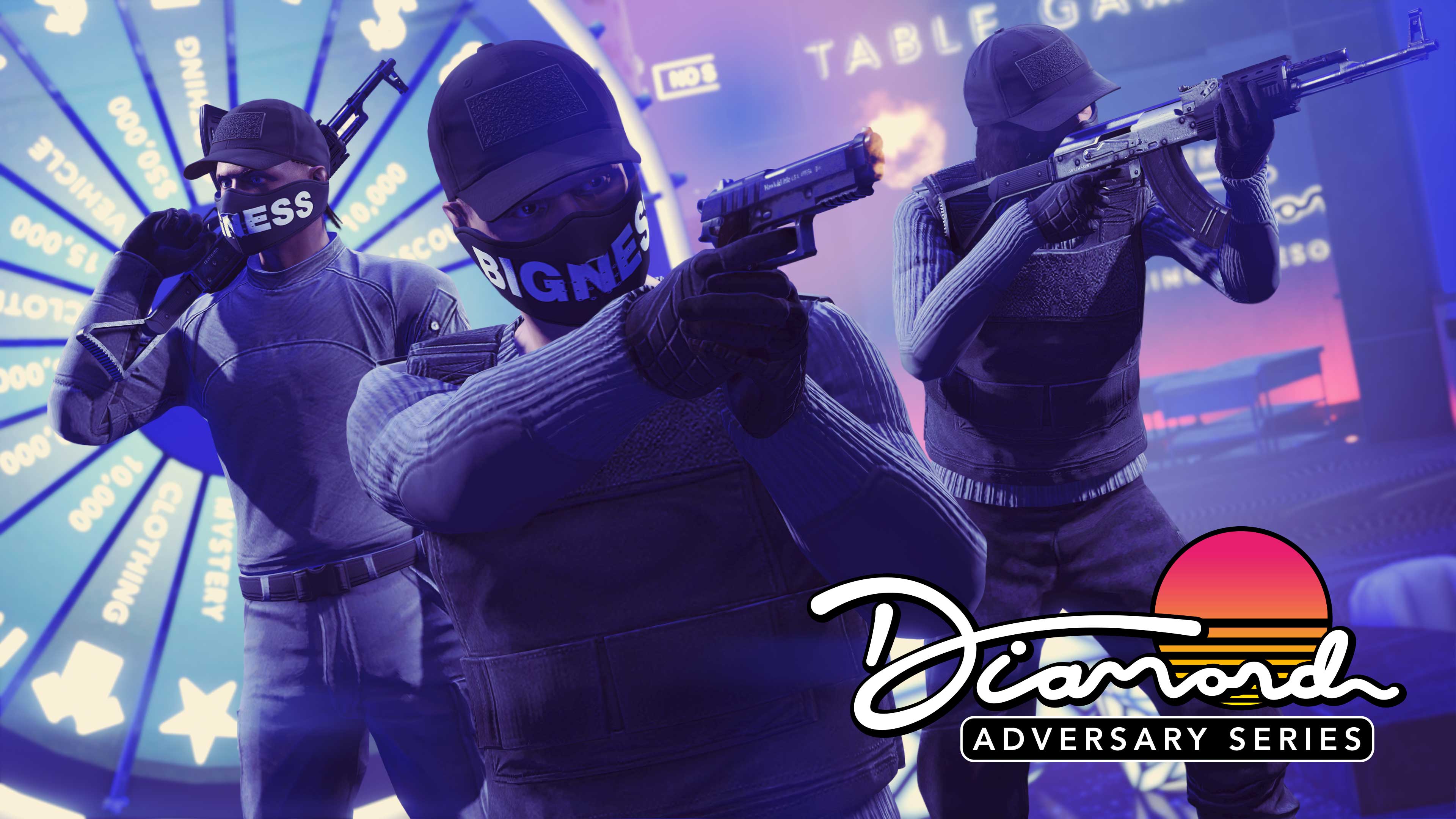 三名蒙面 GTA 在线角色将武器瞄准赌场。