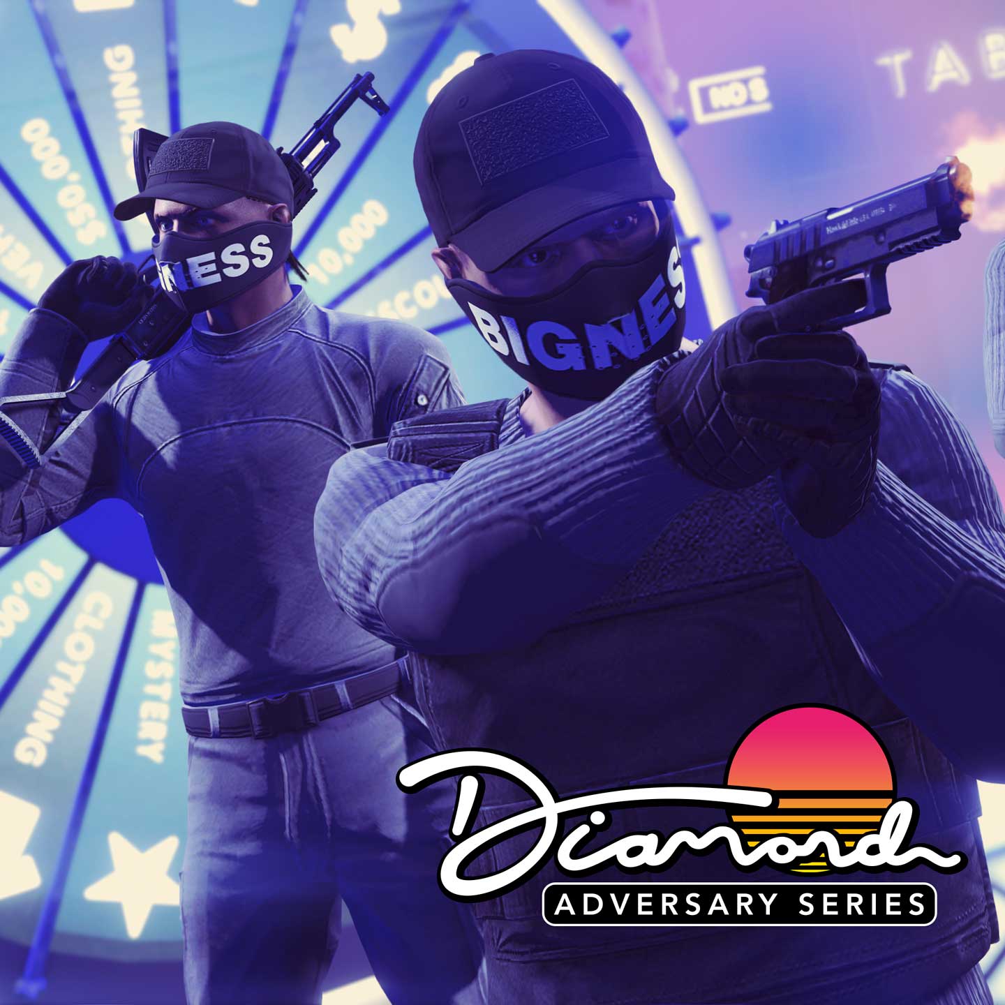 三名蒙面 GTA 在线角色将武器瞄准赌场。