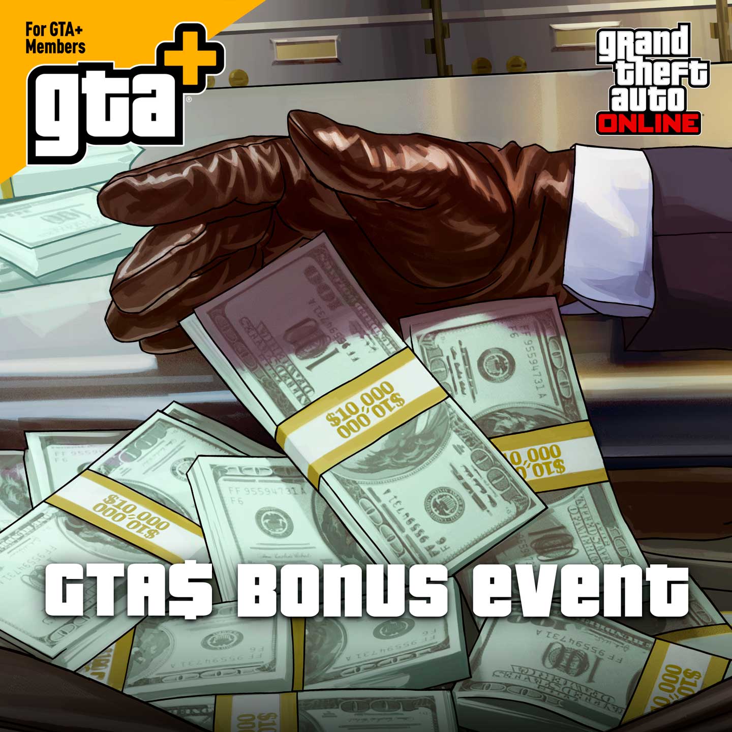 GTA 游戏币奖励活动海报，戴着手套的手将现金扫进袋子里。
