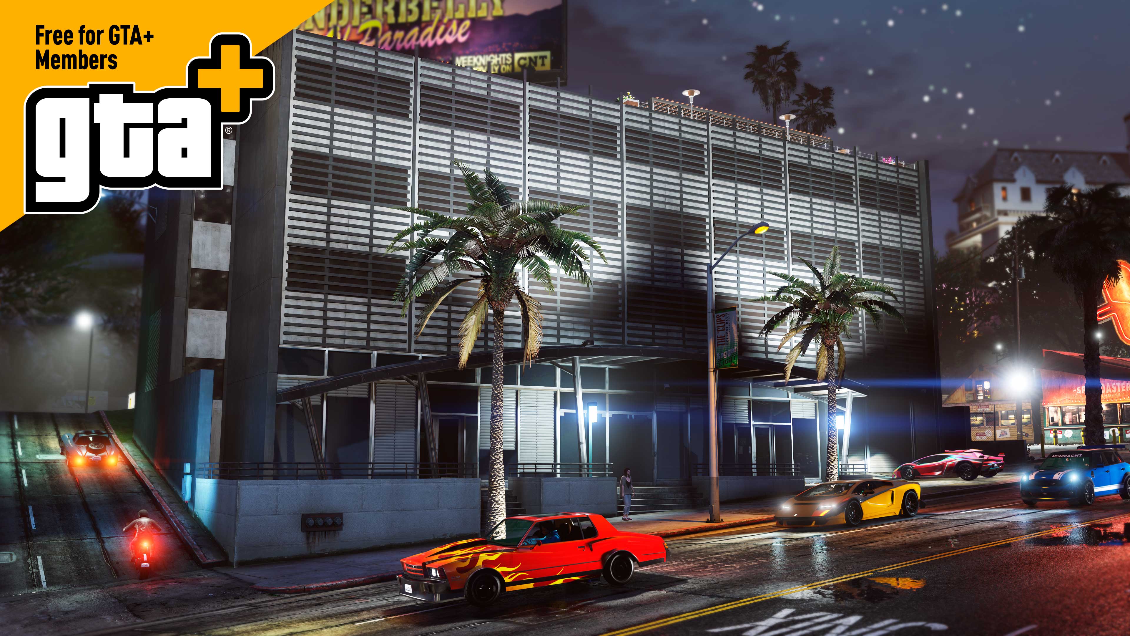 带有 GTA+ 标志和“对 GTA 会员免费”文本的日蚀大道车库的图片