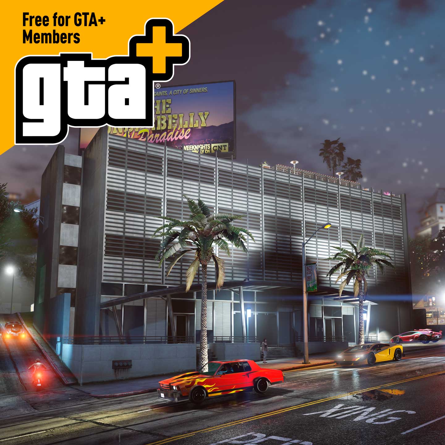 带有 GTA+ 标志和“对 GTA 会员免费”文本的日蚀大道车库的图片
