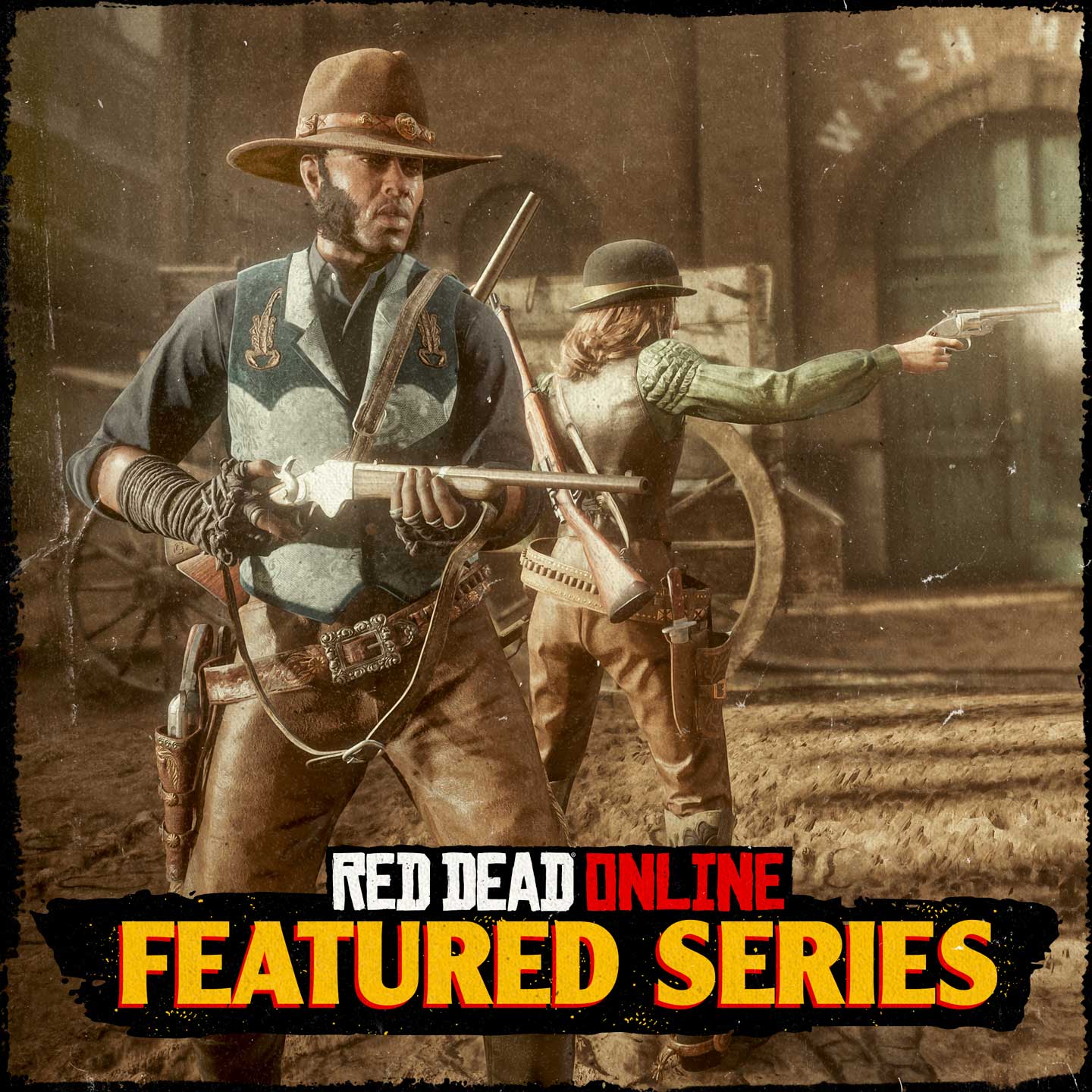 Red Dead在线模式精选系列赛活动海报，绘有两名全副武装的角色正在战斗。