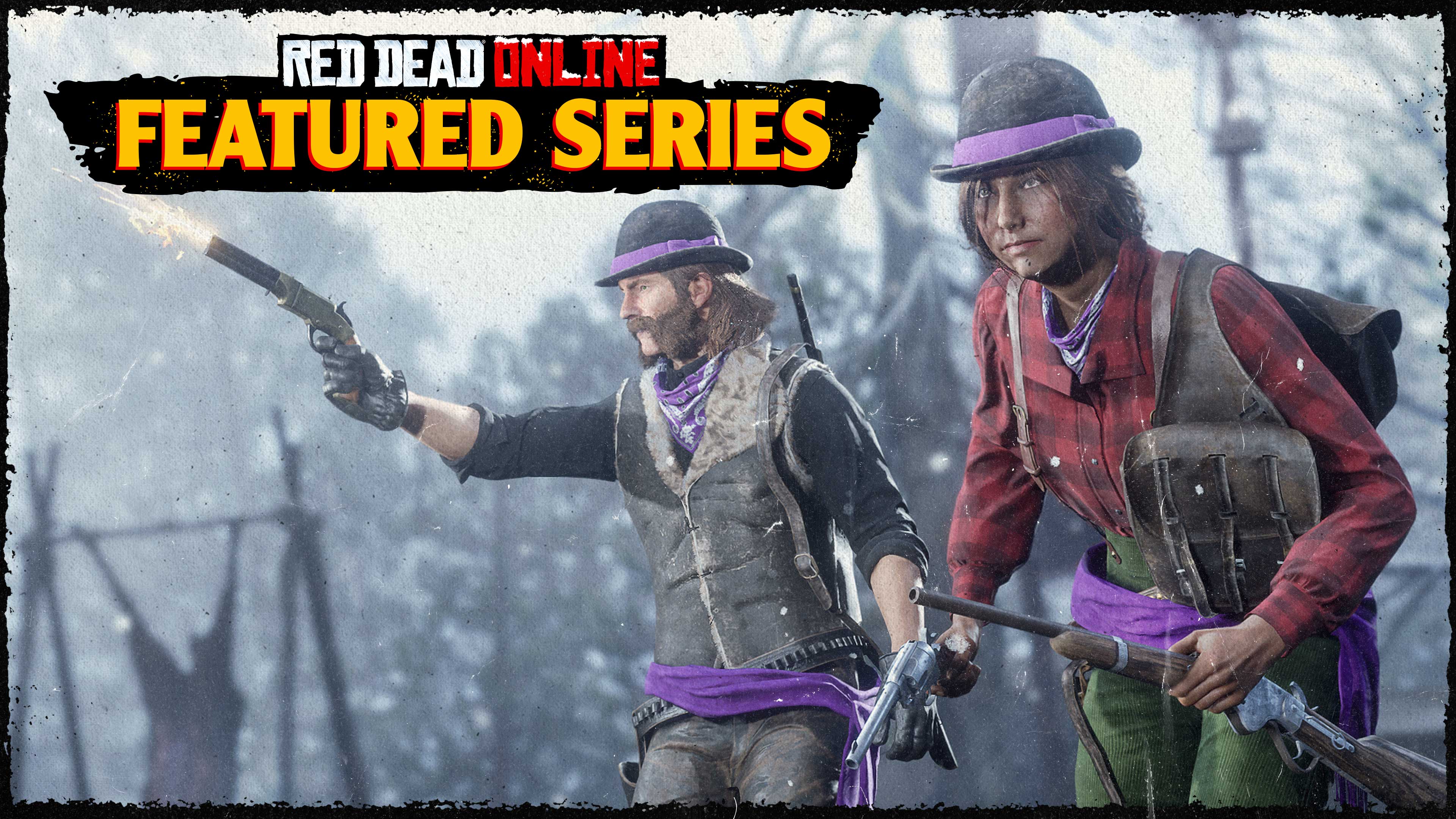 Red Dead在线模式精选系列赛海报，内容为两名全副武装的角色在冬日环境中行走。