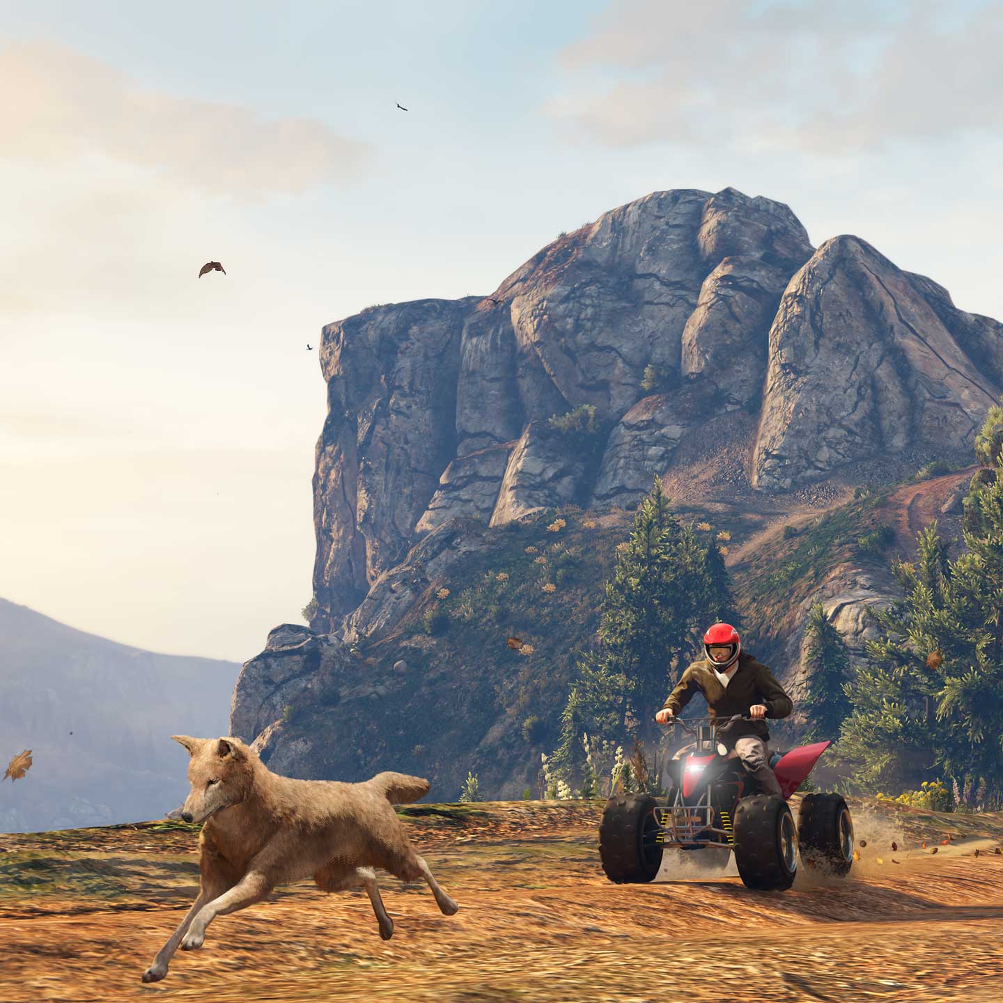 一条山上的登山小景风景，画有一名驾驶一辆沙滩车的 GTA 在线模式角色、一只郊狼和一只兔子。