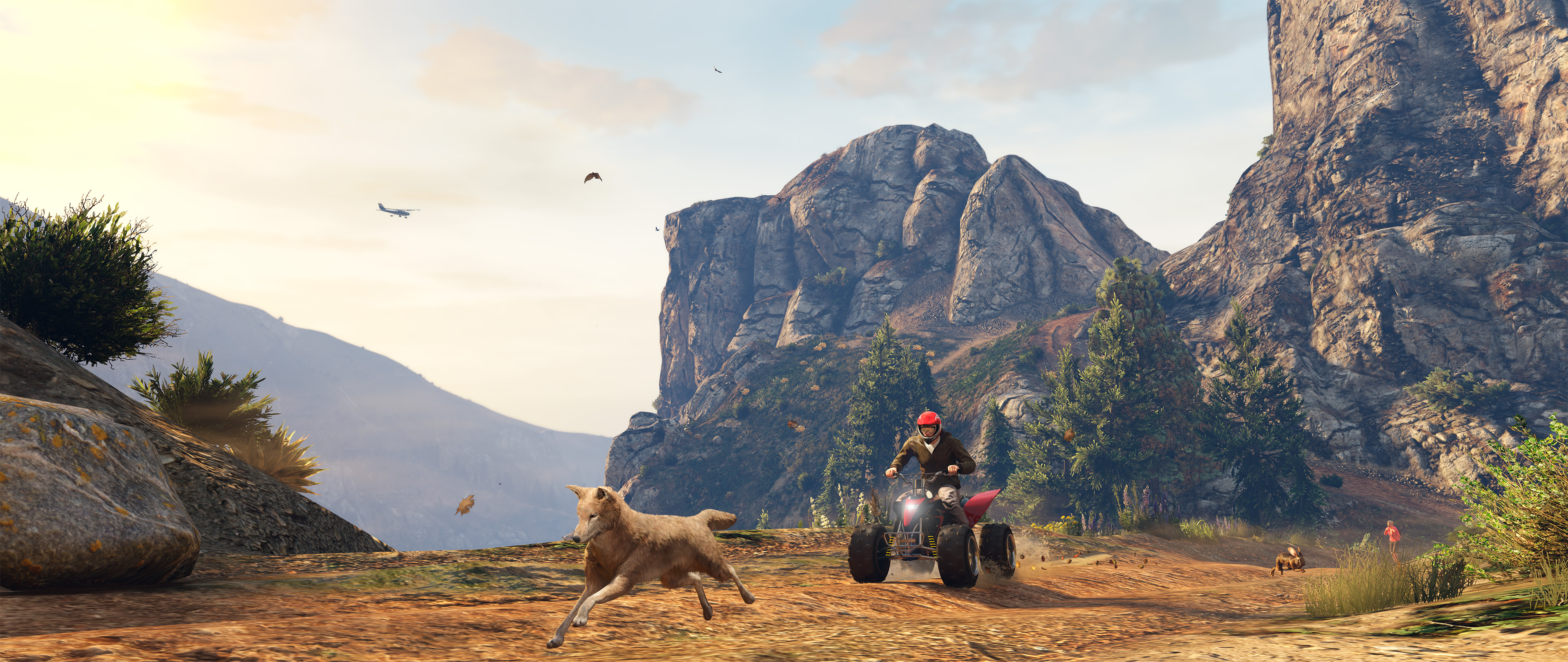 一条山上的登山小景风景，画有一名驾驶一辆沙滩车的 GTA 在线模式角色、一只郊狼和一只兔子。