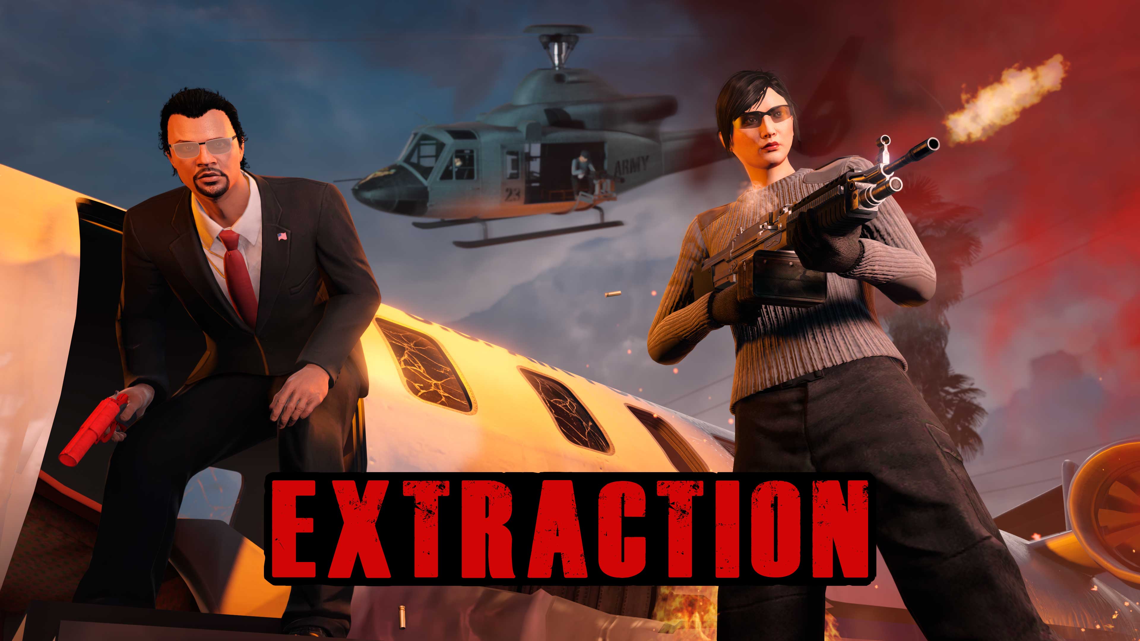生死救援活动海报，绘有一名 GTA 在线模式保镖正在开火，同时目标角色离开飞机。一架武装直升机在上方盘旋。