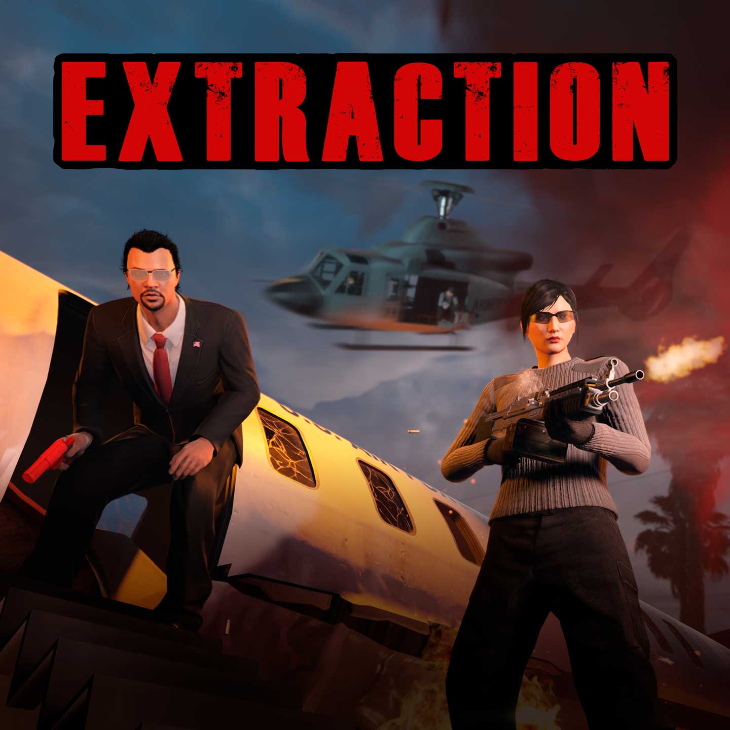 生死救援活动海报，绘有一名 GTA 在线模式保镖正在开火，同时目标角色离开飞机。一架武装直升机在上方盘旋。