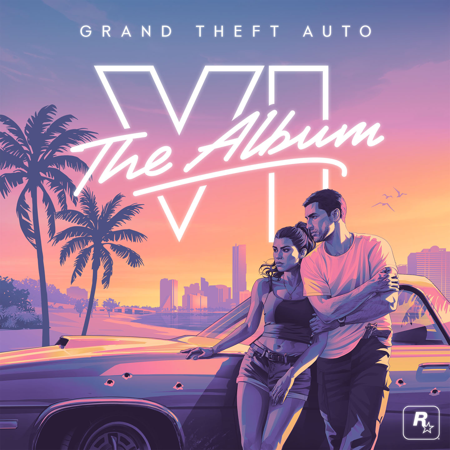 Grand Theft Auto 6: The Album美术图，绘有杰森和露西娅背靠一辆汽车，背景是夕阳下的棕榈树和罪恶城天际线。