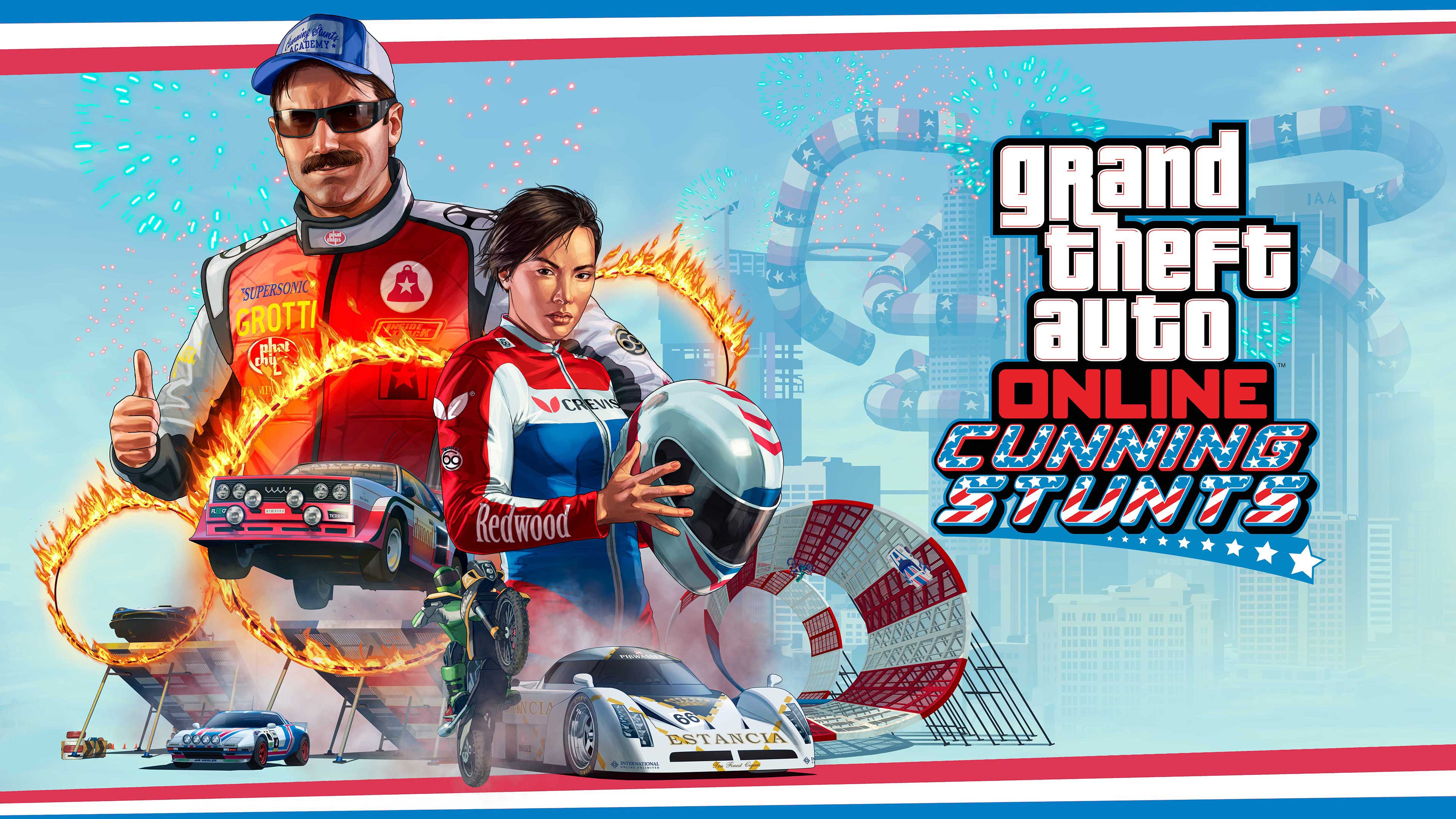 GTA在线模式“炫炮特技”海报，绘有两名特技演员，前景是改装载具表演特技飞越跳台、穿越火圈、在大型隧道中上下颠倒着行驶的不同场景画面。