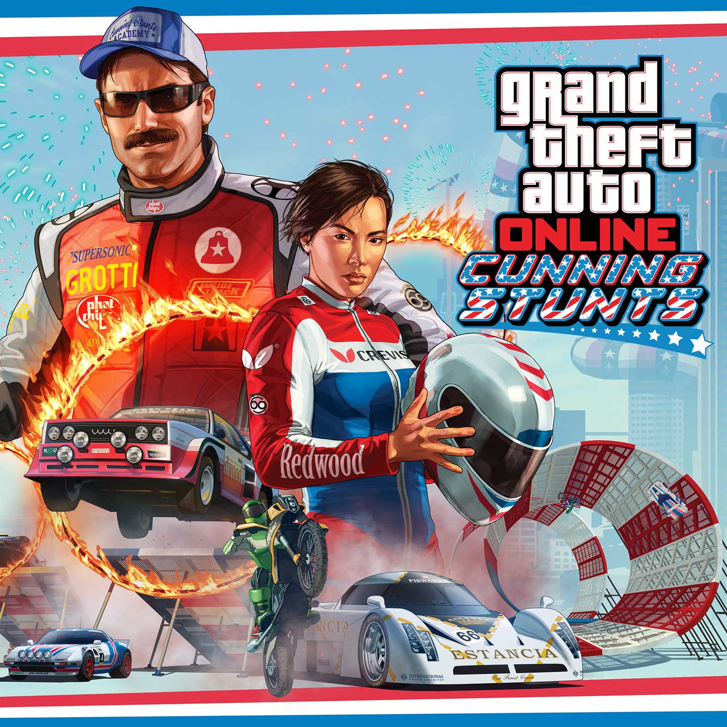GTA在线模式“炫炮特技”海报，绘有两名特技演员，前景是改装载具表演特技飞越跳台、穿越火圈、在大型隧道中上下颠倒着行驶的不同场景画面。